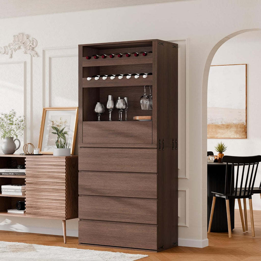 Liquor Cabinet with Wine Rack & Stemmed Holder & Drawer, Walnut