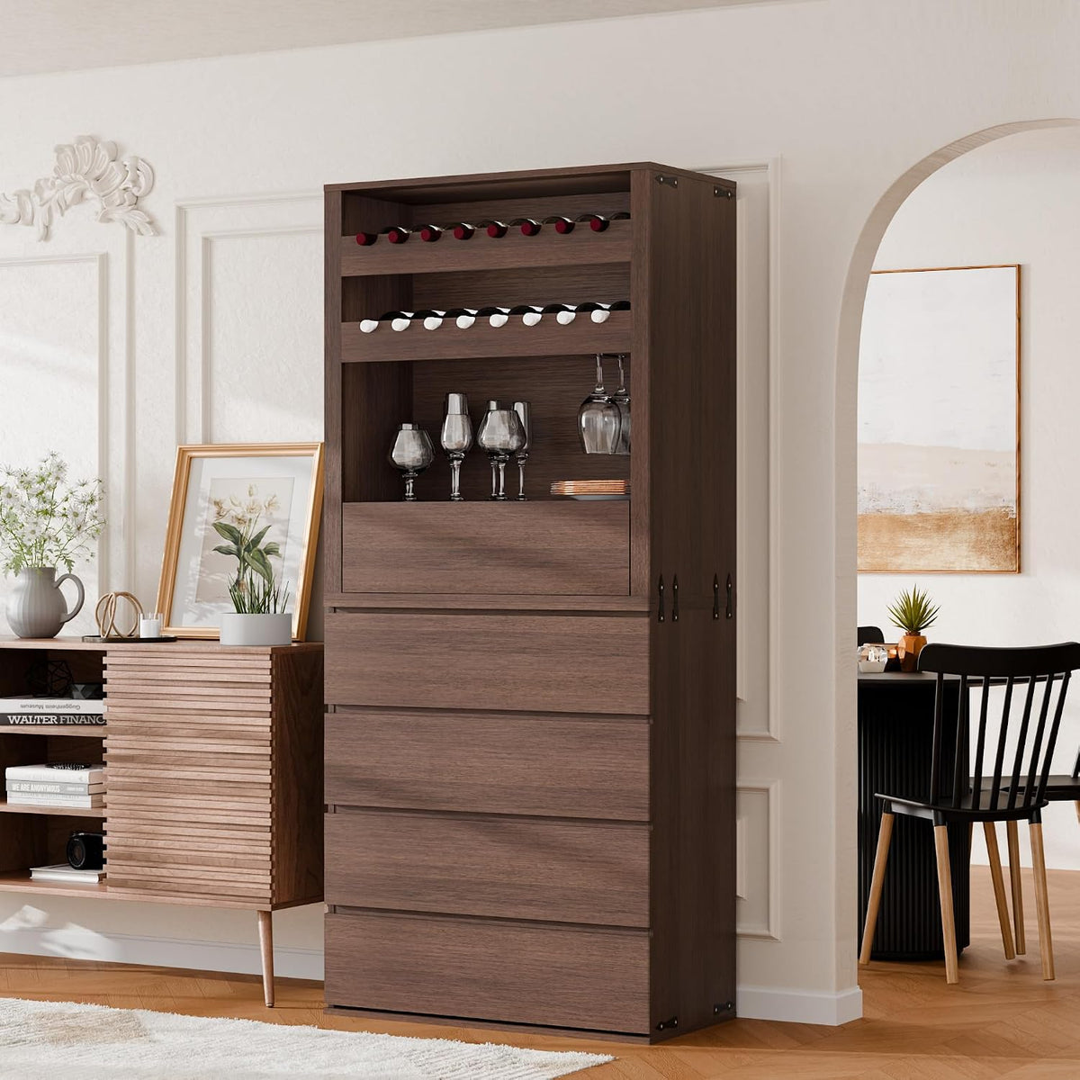 Liquor Cabinet with Wine Rack & Stemmed Holder & Drawer, Walnut