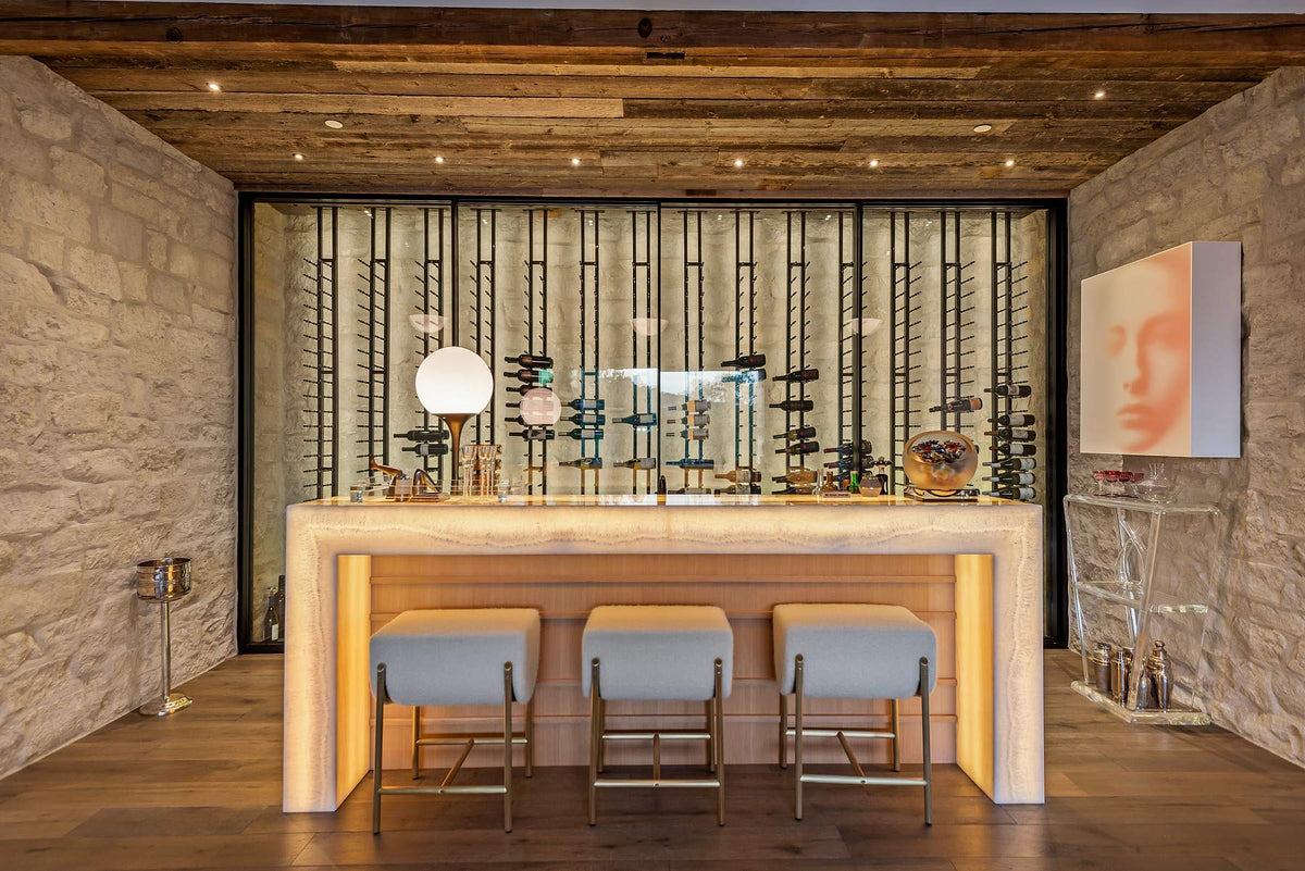 Ultra Wine Racks Floor-to-Ceiling Mount Display (1 Side, Double Deep, Black, Holds 42 Wine Bottles) - Modern Metal Wine Storage for Wine Cellars, Home Bars, Kitchens, and Dining Rooms