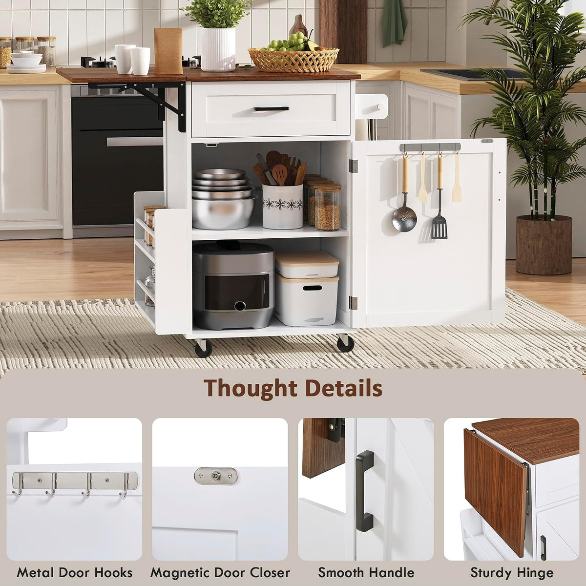 39.3"Farmhouse Kitchen Island with Open Side Rack and Drop Leaf and,Small Kitchen Rolling Cart with Drawer and Storage Cabinet, Narrow Mobile Dining Table with Lockable Wheels and Towel Rack White