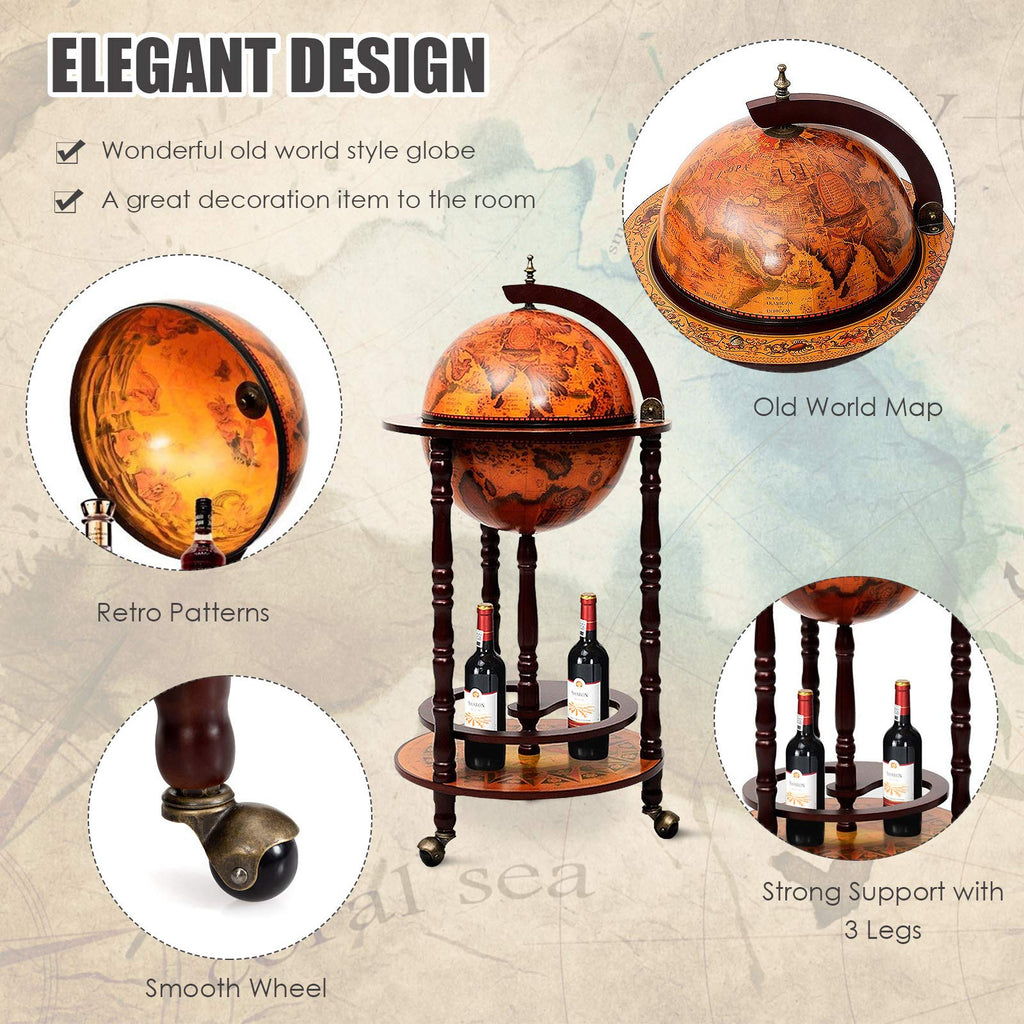 Goplus Globe Bar, 17.5â Globe Bar Liquor Cabinet with Wheels, Bottom Shelf, Old World Map, 16th Century Italian Replica Bar Globe, Retro Wine Stand, Globe Bar Cart for Dining Room Living Room Home
