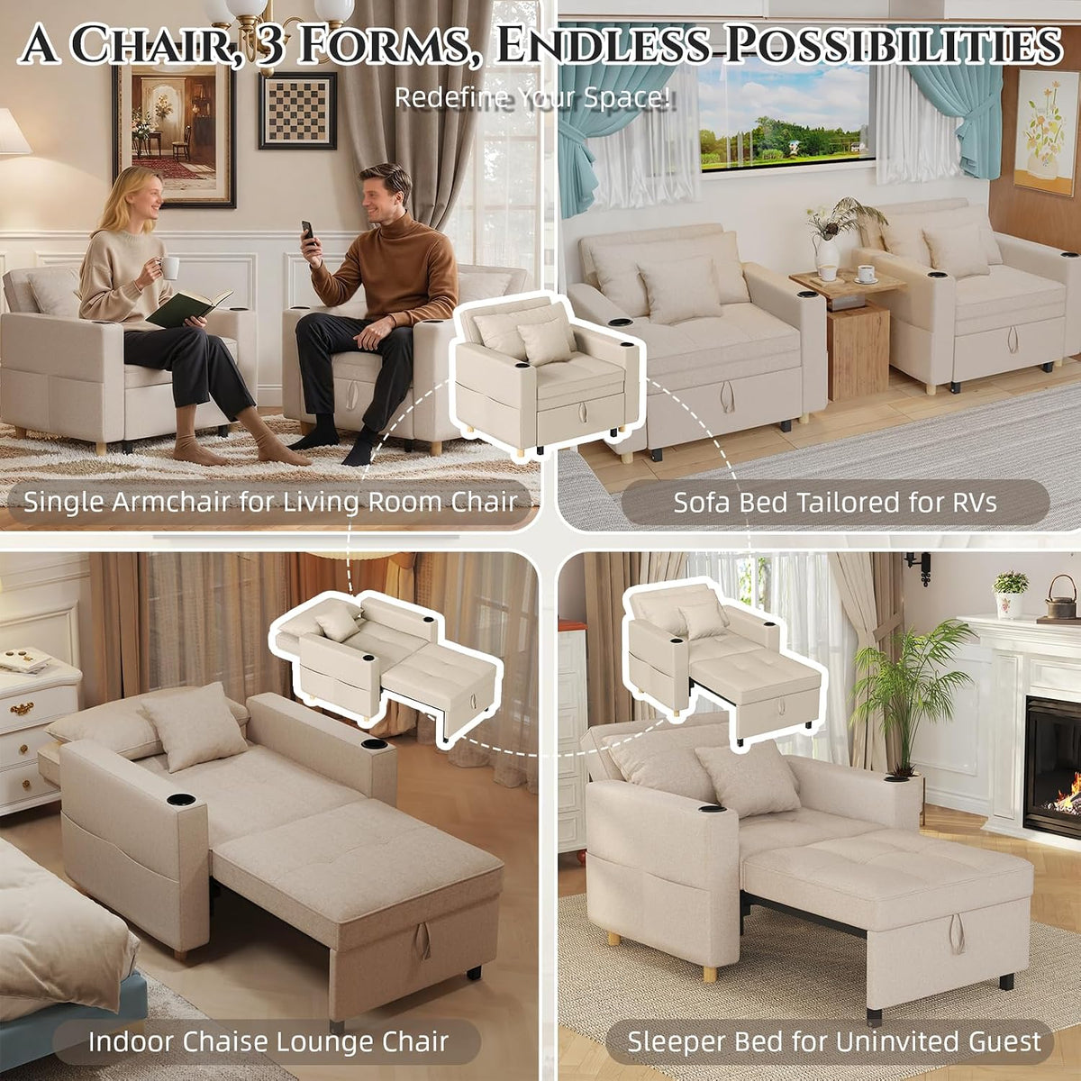 YODOLLA Sleeper Chair Pull Out Bed, Chair Bed Sleeper for Adults, Beige