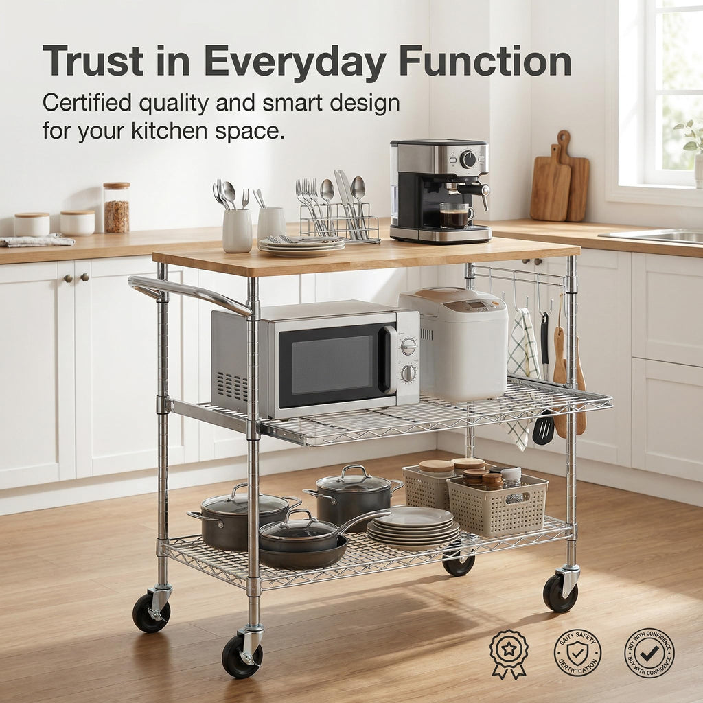 Finnhomy 3-Tier Rolling Kitchen Cart With 18" D x 30" W Oak Wood Tabletop, Kitchen Island With 4" Wheels and Slider Shelf, Microwave & Coffee Cart With Hooks for Dining Room, Chrome