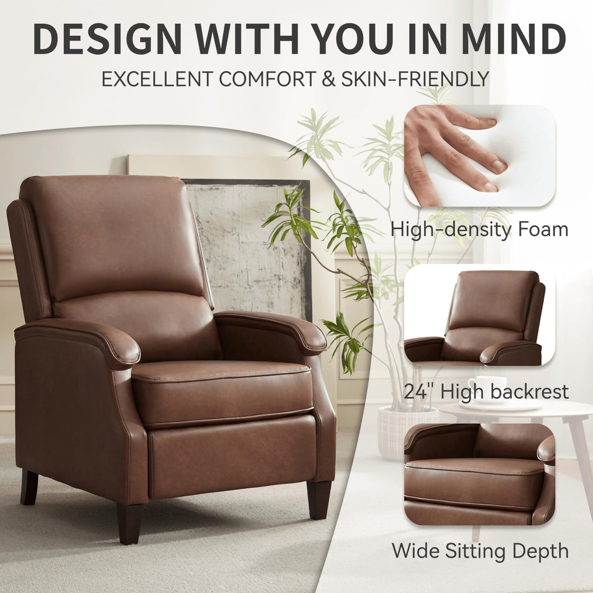 VKNOW Recliner Chair, Fabric Recliner with Adjustable Back, Brown