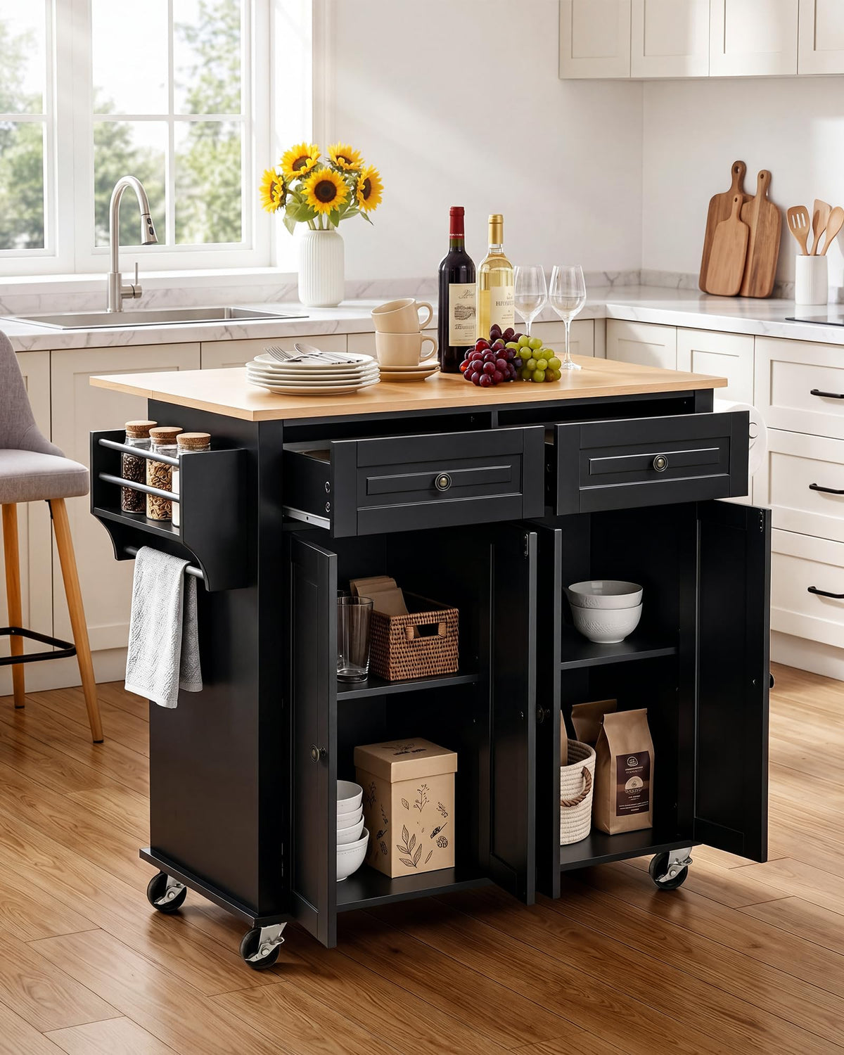 VEVOR Kitchen Island Cart with Storage, 43.58 in Wide Mobile Rolling Storage Island on Swivel Wheels, with 2 Drawers, Storage Cabinet, Drop Leaf, Spice/Towel Rack, Table for Home Dining Room, White
