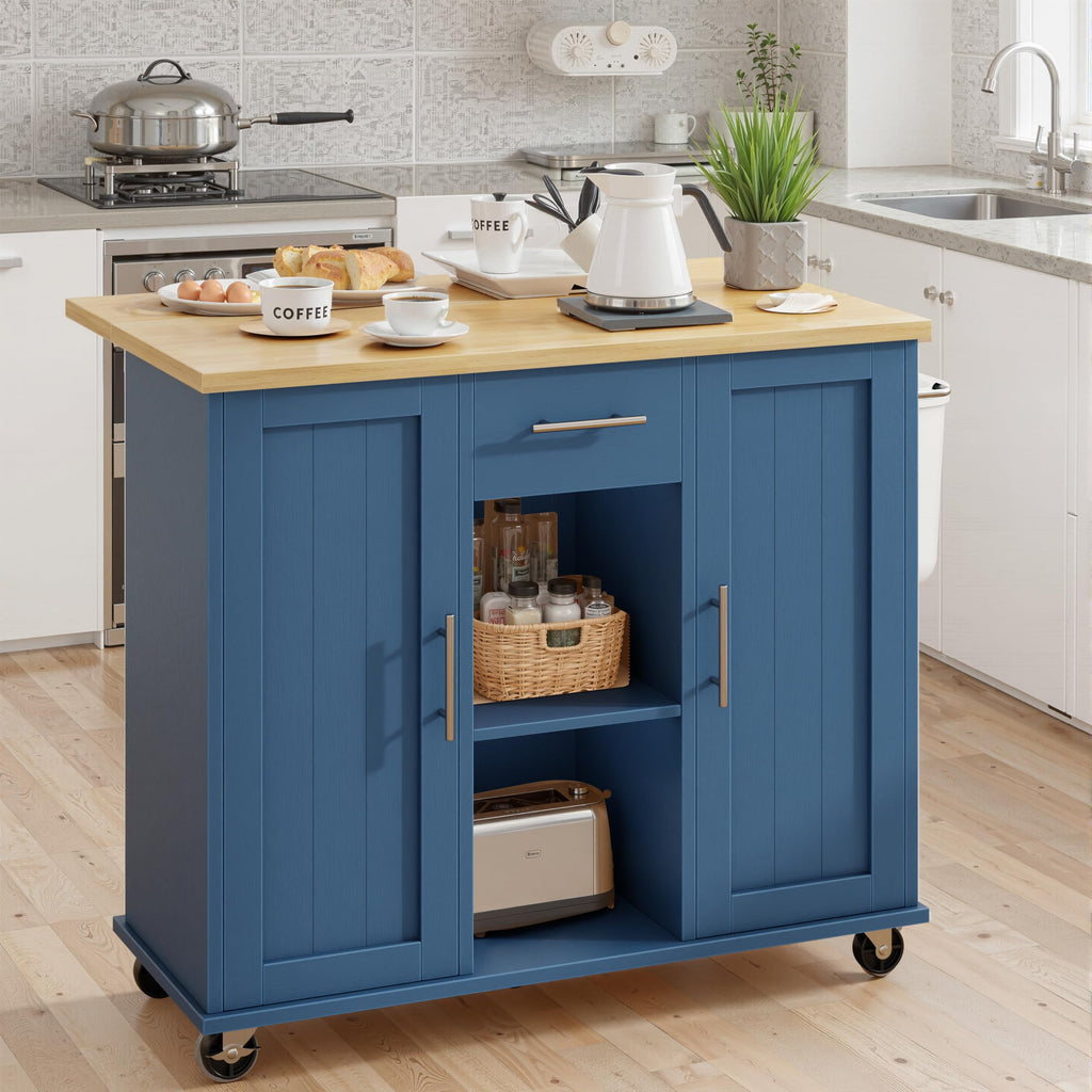 SUNLEI Rolling Kitchen Island Cart with Wheels, Island Table for Kitchen, Farmhouse Kitchen Cart with Drop Leaf & Towel Rack & Drawer, Kitchen Islands Table with Storage Cabinet, Grey
