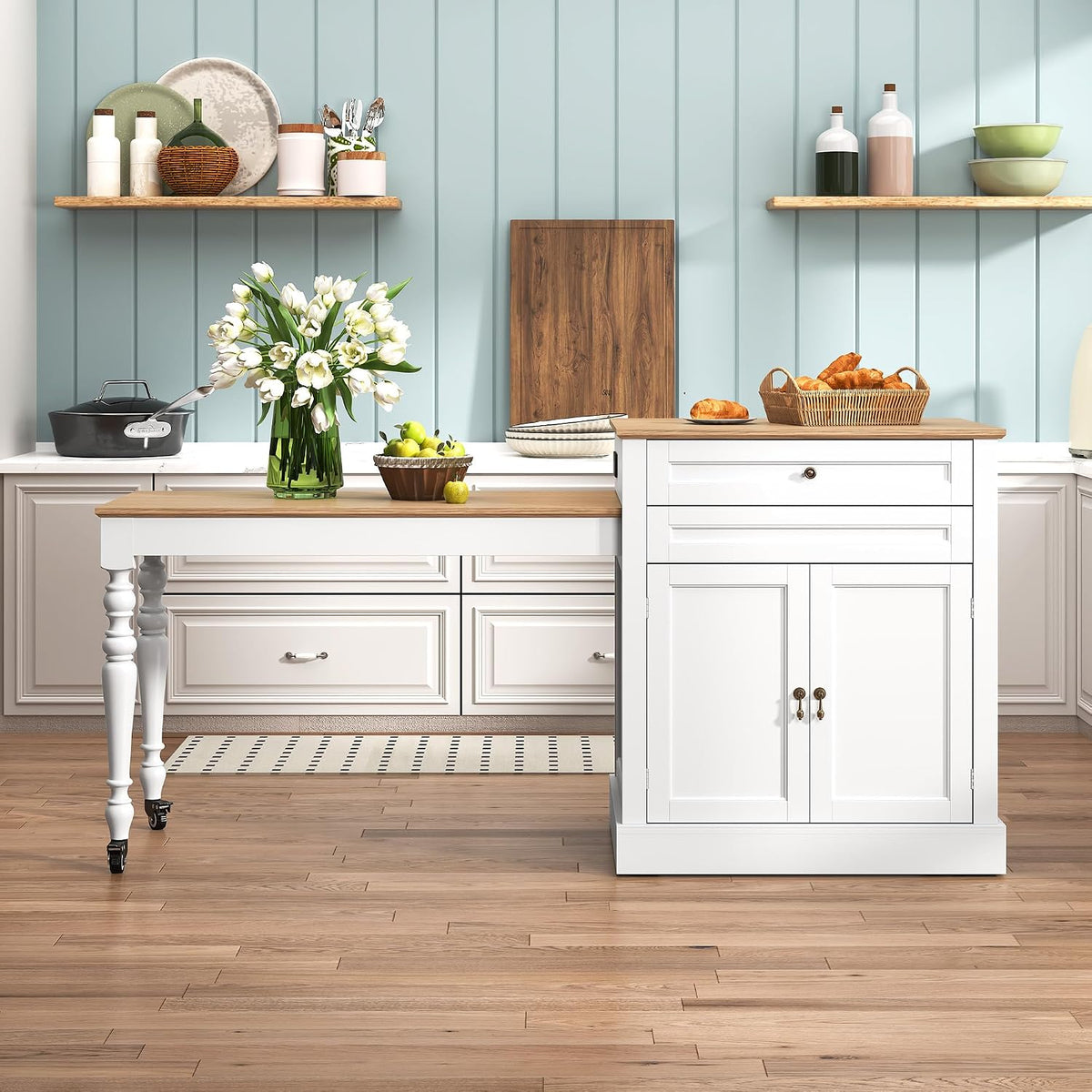 HLR 72" Kitchen Island with Extendable Table for 2-4, Island Table for Kitchen with Power Outlet and Storage Slide Out Legs, Rolling Islands Cart with 2 Doors (White)