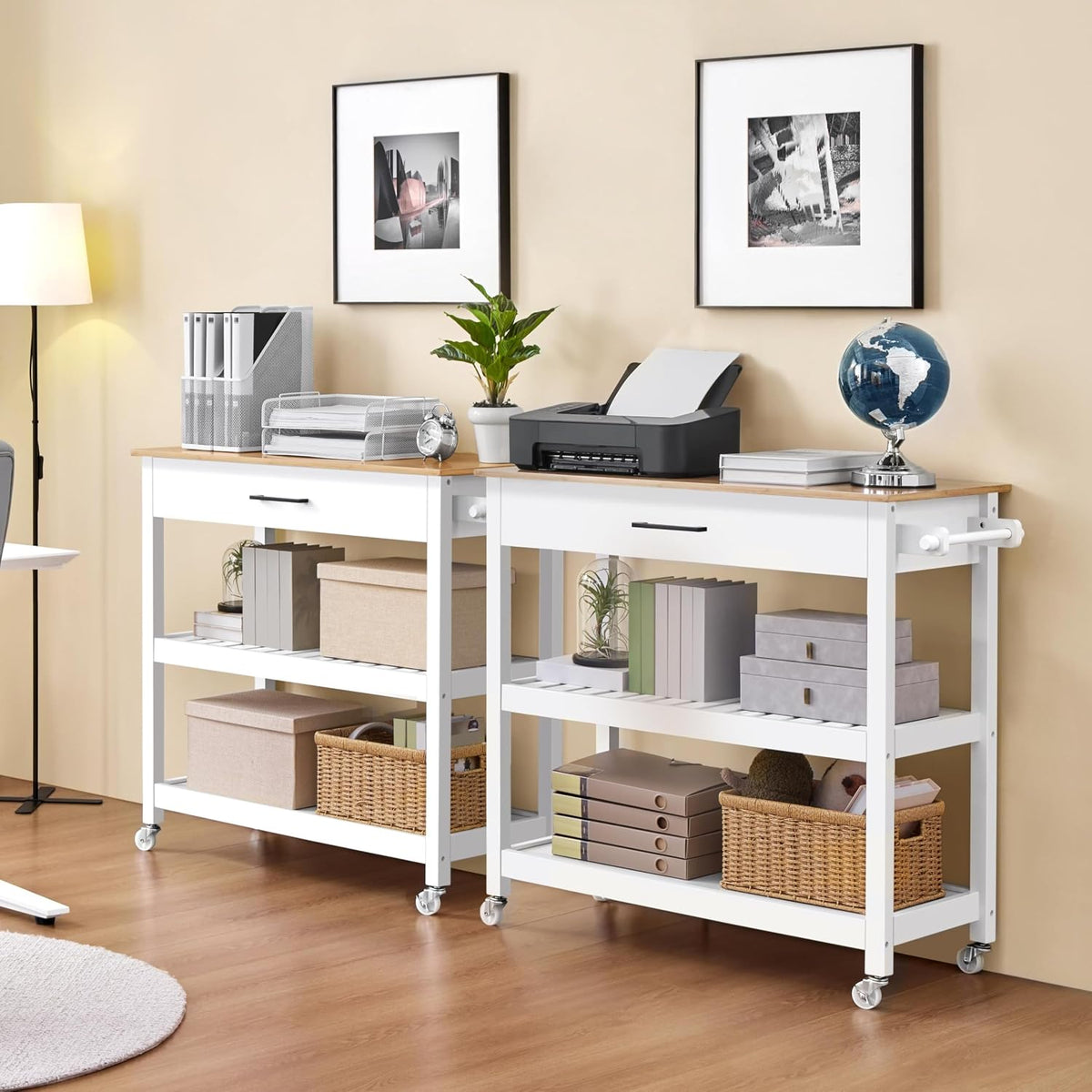 Yaheetech Rolling Kitchen Island Cart with 3 Shelves Lockable Wheels, White