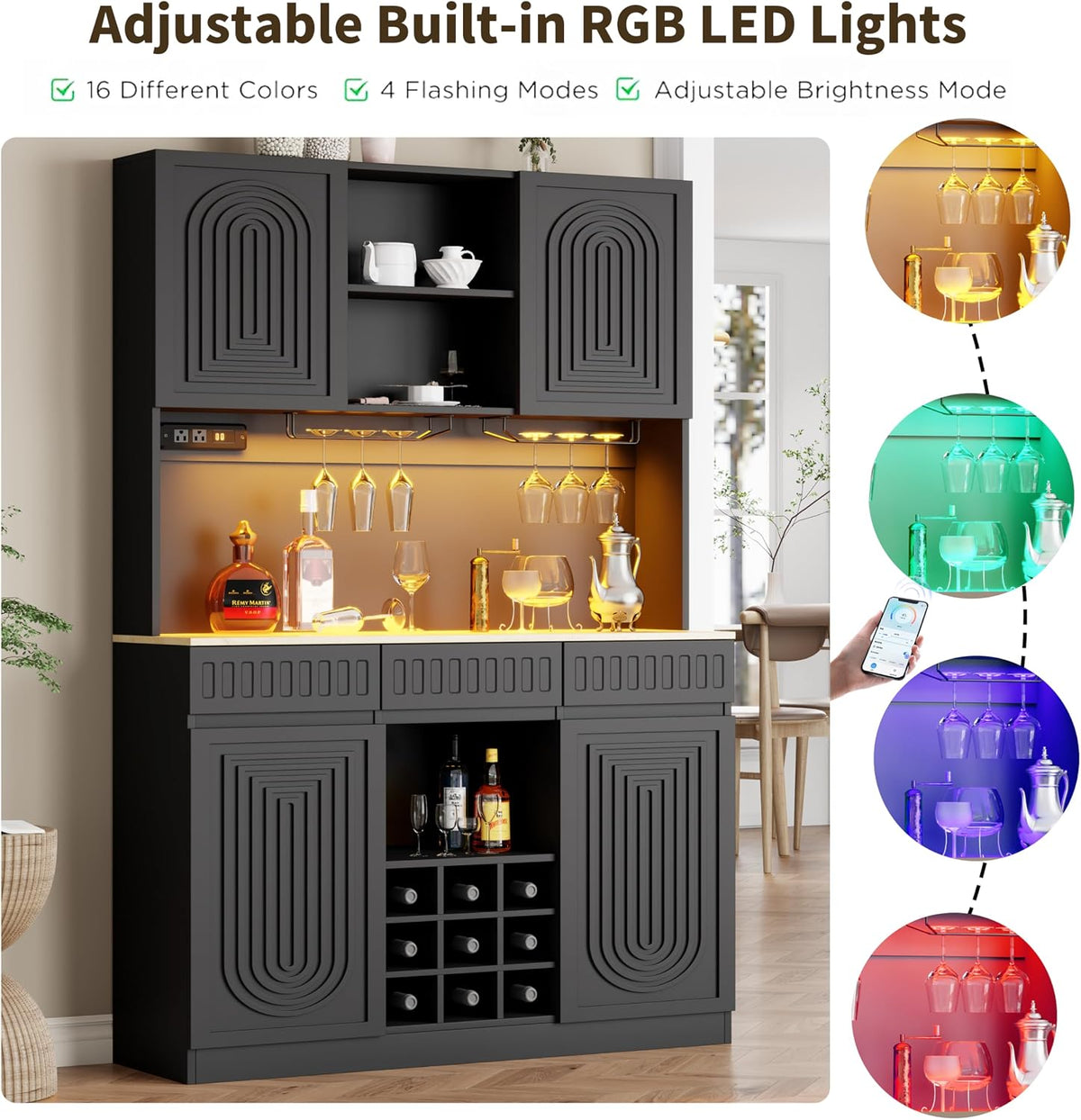 71" Tall Bar Cabinet w/ LED & Power Outlet, Pantry Hutch w/ Microwave Shelf