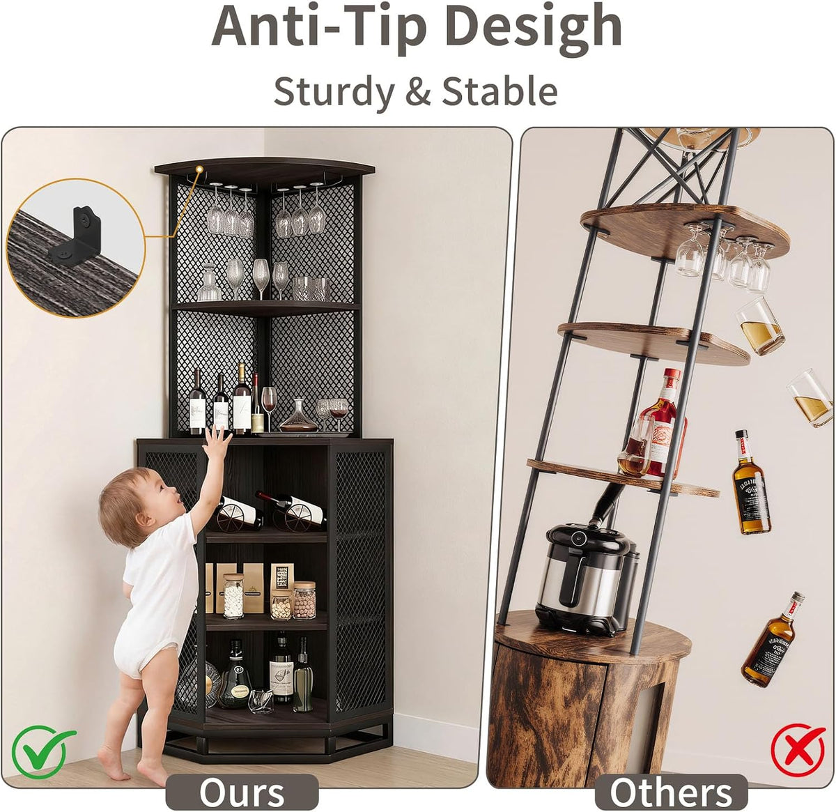 IBF 71 Inch Dark Grey Farmhouse Tall Corner Bar Cabinet with Glass Holder