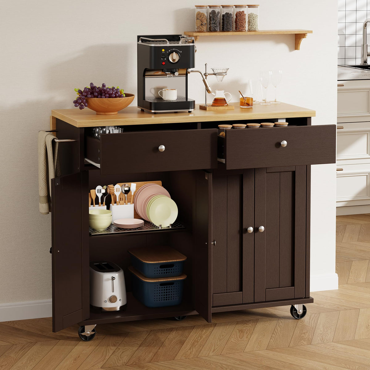 Shintenchi Kitchen Island with Drop Leaf, Rolling Kitchen Cart with Storage on Wheels, Table Bar Cart for Kitchen with Towel Rack & Seating Area for Dining Room, White