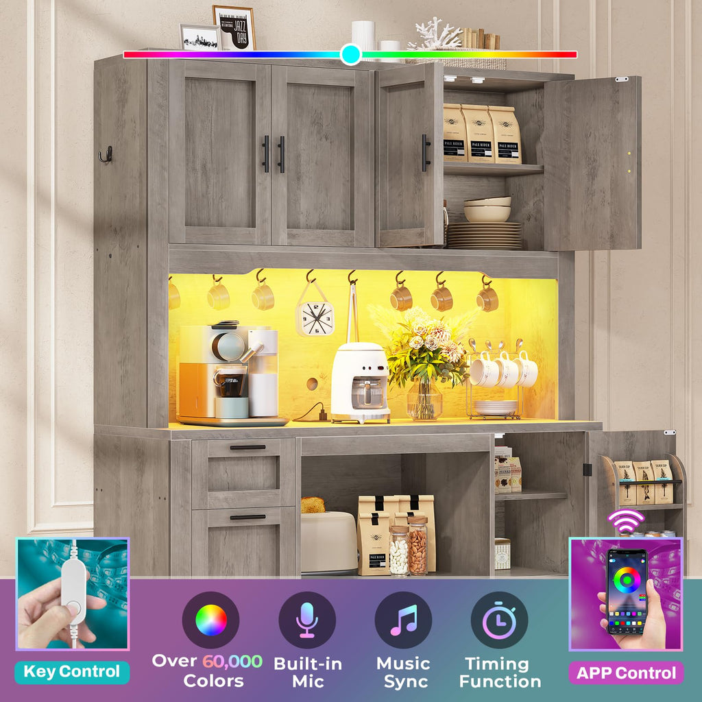 Itaar 71" Kitchen Pantry Cabinet with Charging Station and Led Light, Kitchen Storage Cabinets with Microwave Stand, 59" Wide Pantry Storage Cabinet with Storage Cart 3 Tier for Dining Room, White