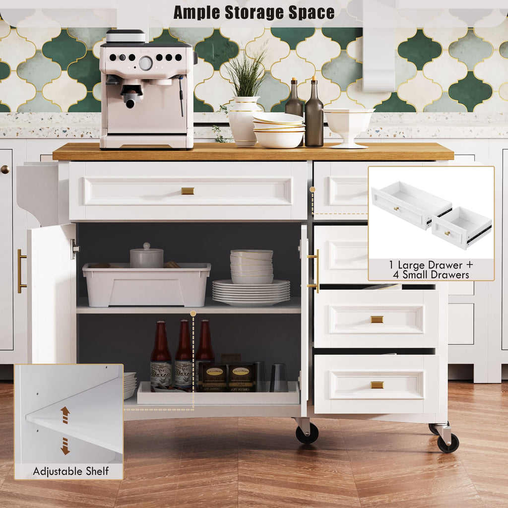 Merax 54" Large Kitchen Cart Island on Wheels with Drop Leaf,Adjustable Shelves,3 Drawers,Embossed Texture Design for Dining Room