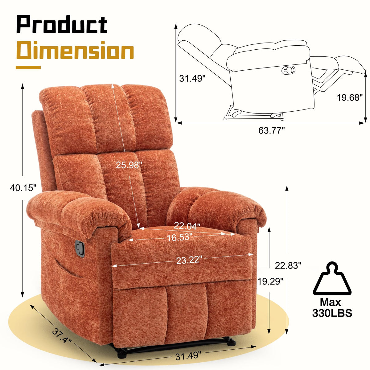 Korser Recliner Chair, Living Room Recliner Chairs for Adults, Small Recliners for Small Spaces, Upholstered Manual Recliner with Side Pockets, Comfy Nursery Chair for Living Room, Chenille, Beige