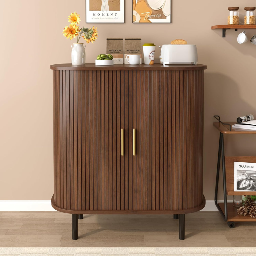 28" Fluted Wine Bar Cabinet with Storage, Modern Liquor Cabinets, Walnut