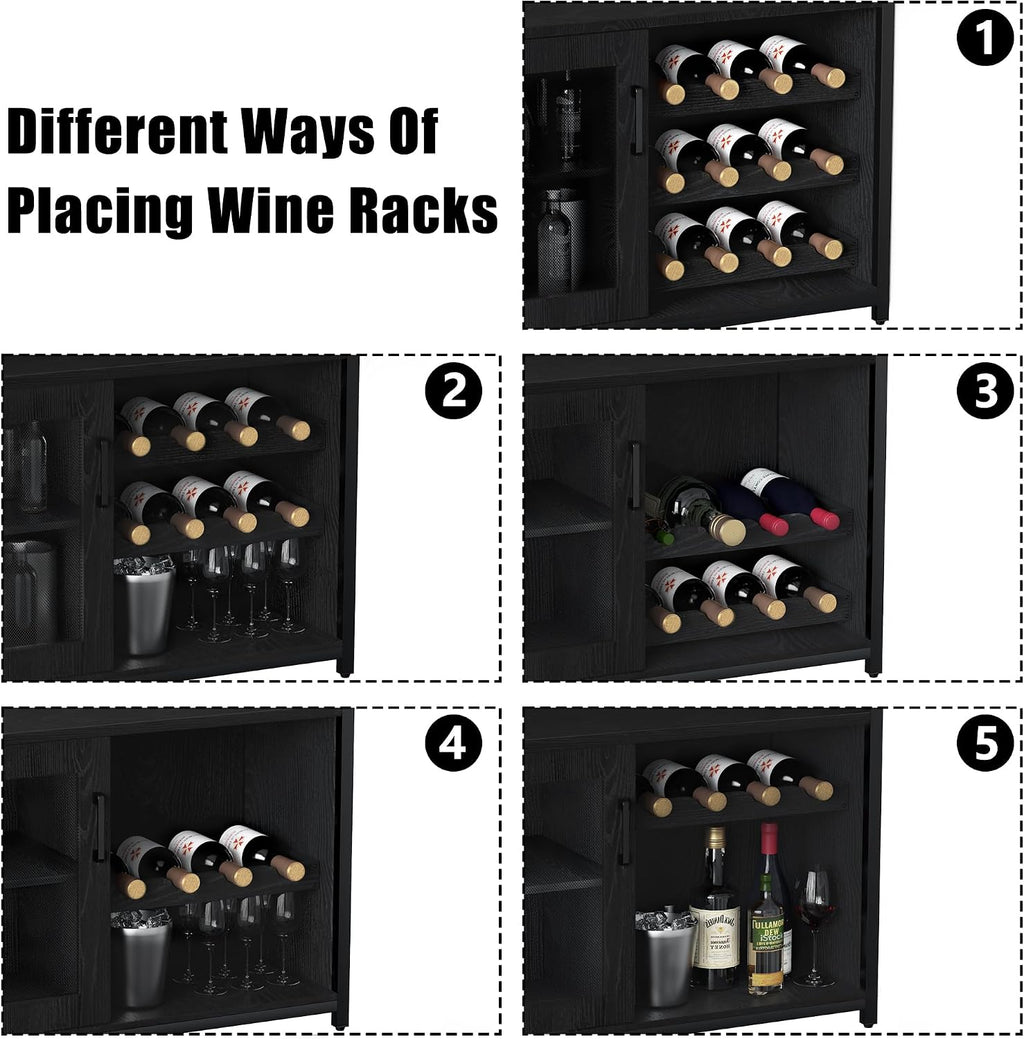Wine Bar Cabinet, 3-Tier Detachable Wine Rack, Stemware Glass Holder, Mesh Door & Storage Shelves, Liquor Storage Buffet Sideboard for Kitchen, Dining Room, Living Room or Home Bar - Black