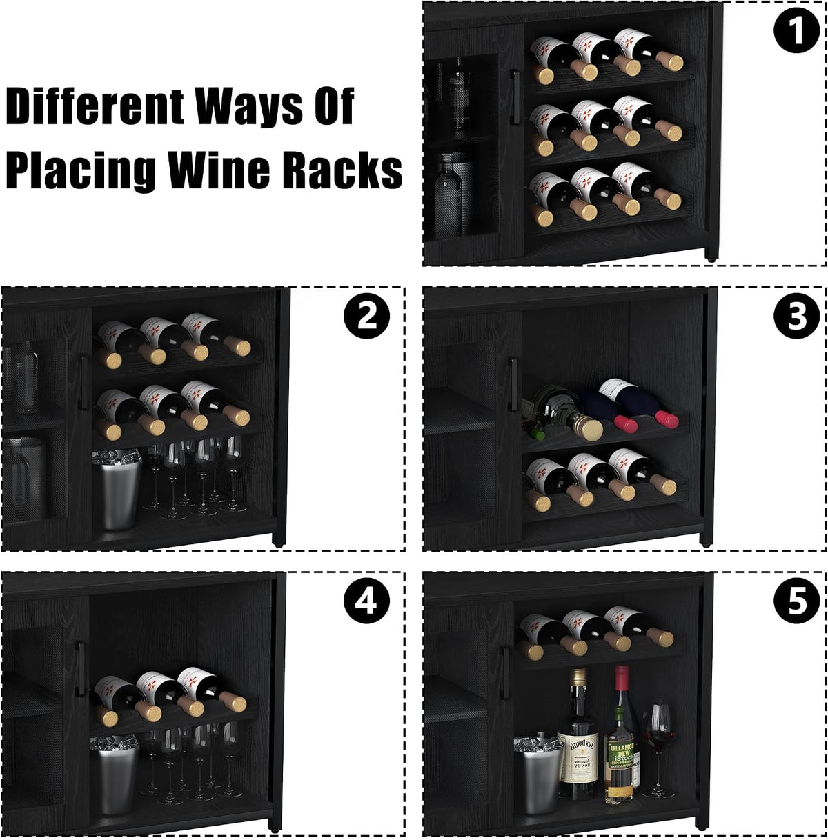 Wine Bar Cabinet, 3-Tier Detachable Wine Rack, Stemware Glass Holder, Mesh Door & Storage Shelves, Liquor Storage Buffet Sideboard for Kitchen, Dining Room, Living Room or Home Bar - Black