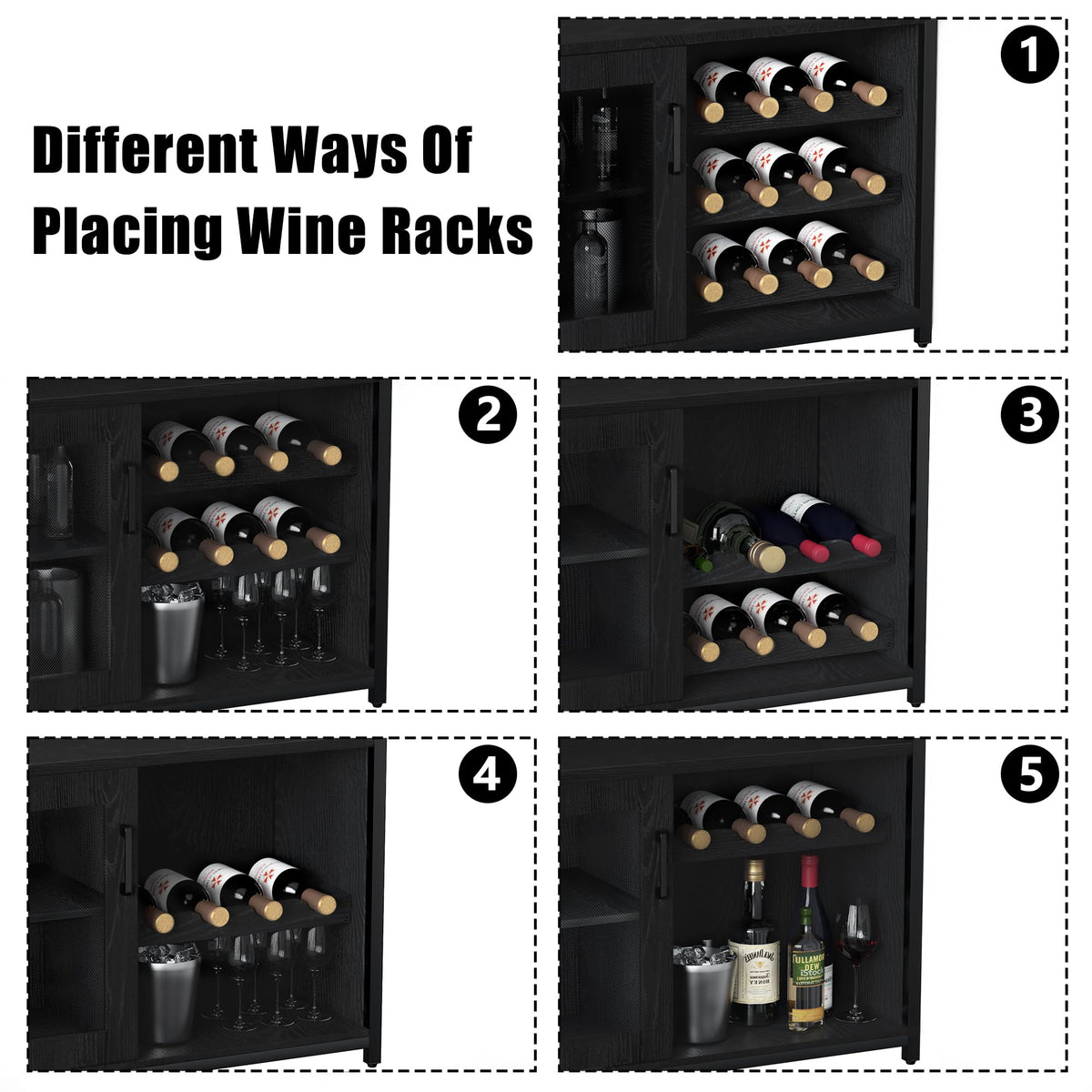 Jojoka 3 Tier Wine Bar Cabinet with LED Lights, Adjustable Storage, Liquor Rack, Glass Holder, Mesh Door, Multi Functional Coffee Bar Sideboard Buffet for Home, Dining Room