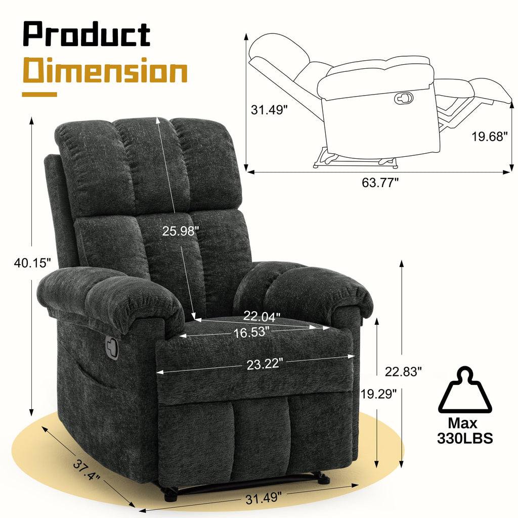 Korser Recliner Chair, Living Room Recliner Chairs for Adults, Small Recliners for Small Spaces, Upholstered Manual Recliner with Side Pockets, Comfy Nursery Chair for Living Room, Chenille, Beige
