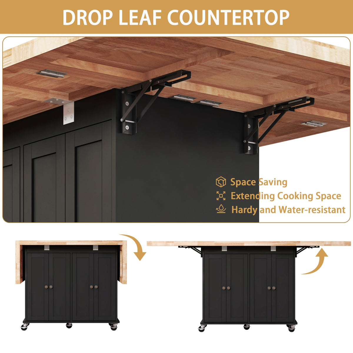 62.8" Rolling Kitchen Island with Double Drop Leaf Rubberwood Countertop, Mobile Kitchen Cart with Storage Cabinet & Lockable Wheels, Space-Saving Foldable Kitchen Prep Station for Dining Room, White