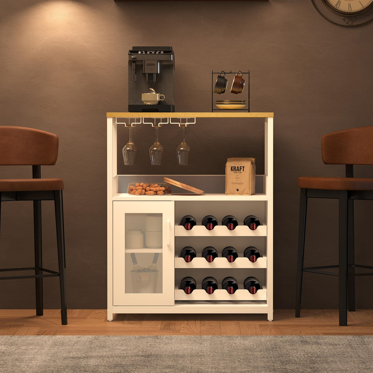 3-Tier Wine Bar Cabinet with Removable Wine Rack, Liquor Storage Cabinet with Glass Holder & Mesh Door, Coffee Bar Sideboard Buffet for Living Room or Dining Room, Gray