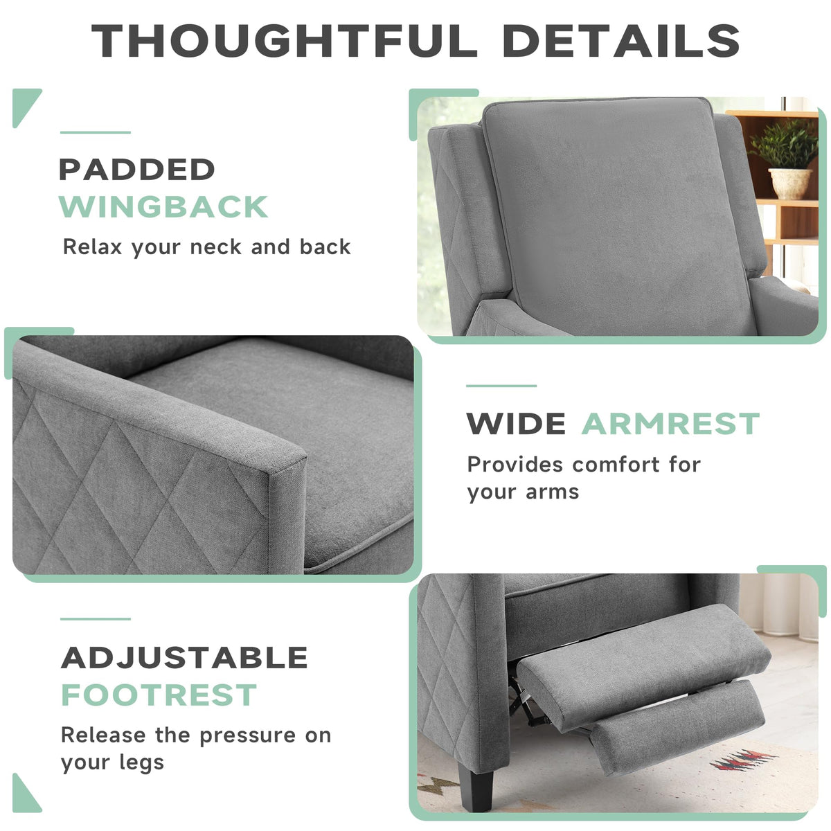 AVAWING Push Back Recliner Chair, Grey Wingback Accent Armchair Set of 2