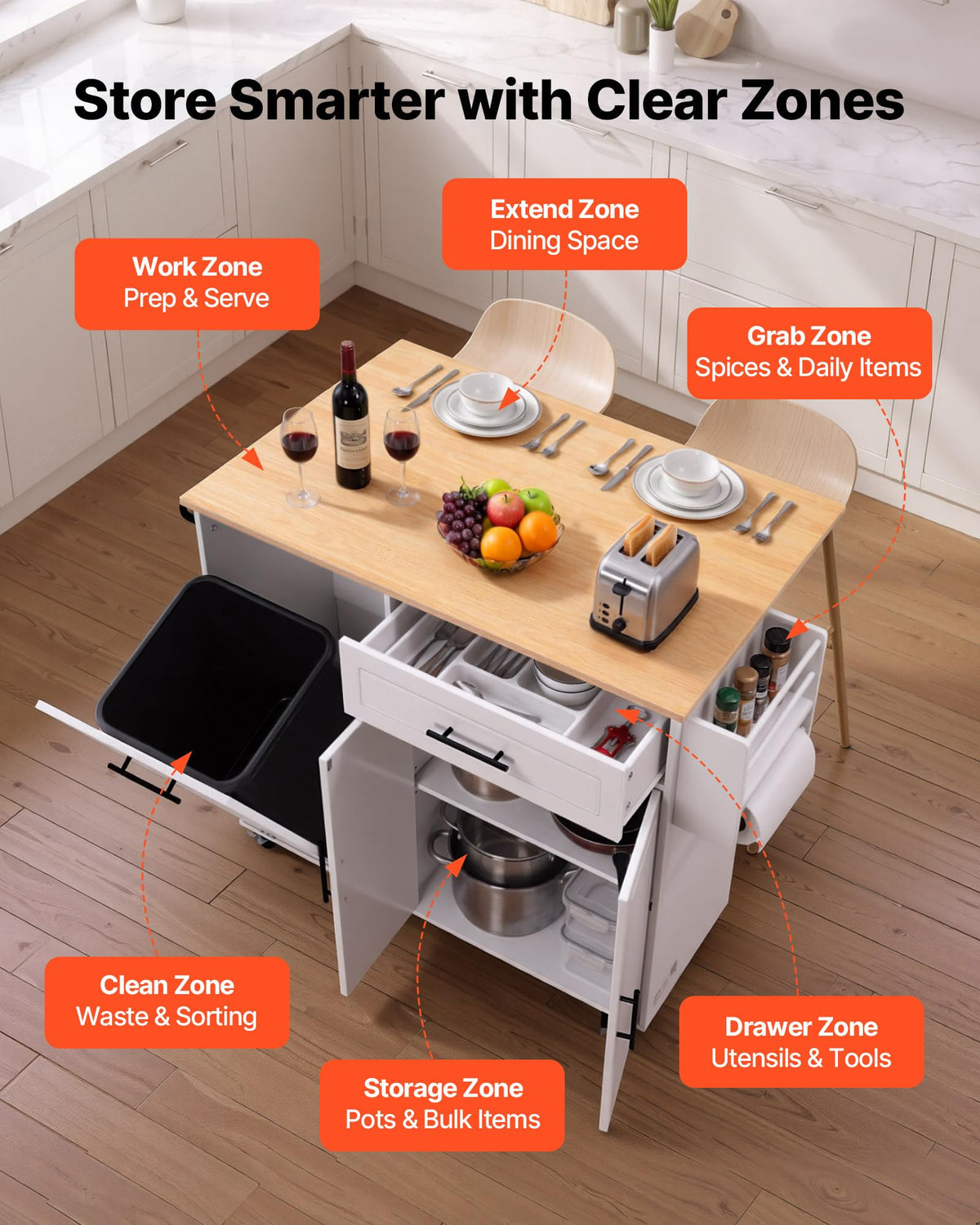 VEVOR Kitchen Island Cart with Storage, 42.28 in Wide Mobile Rolling Storage Island on Swivel Wheels, with Drawer, Storage Cabinet, Drop Leaf, Spice Rack, Table for Home Dining Room, White