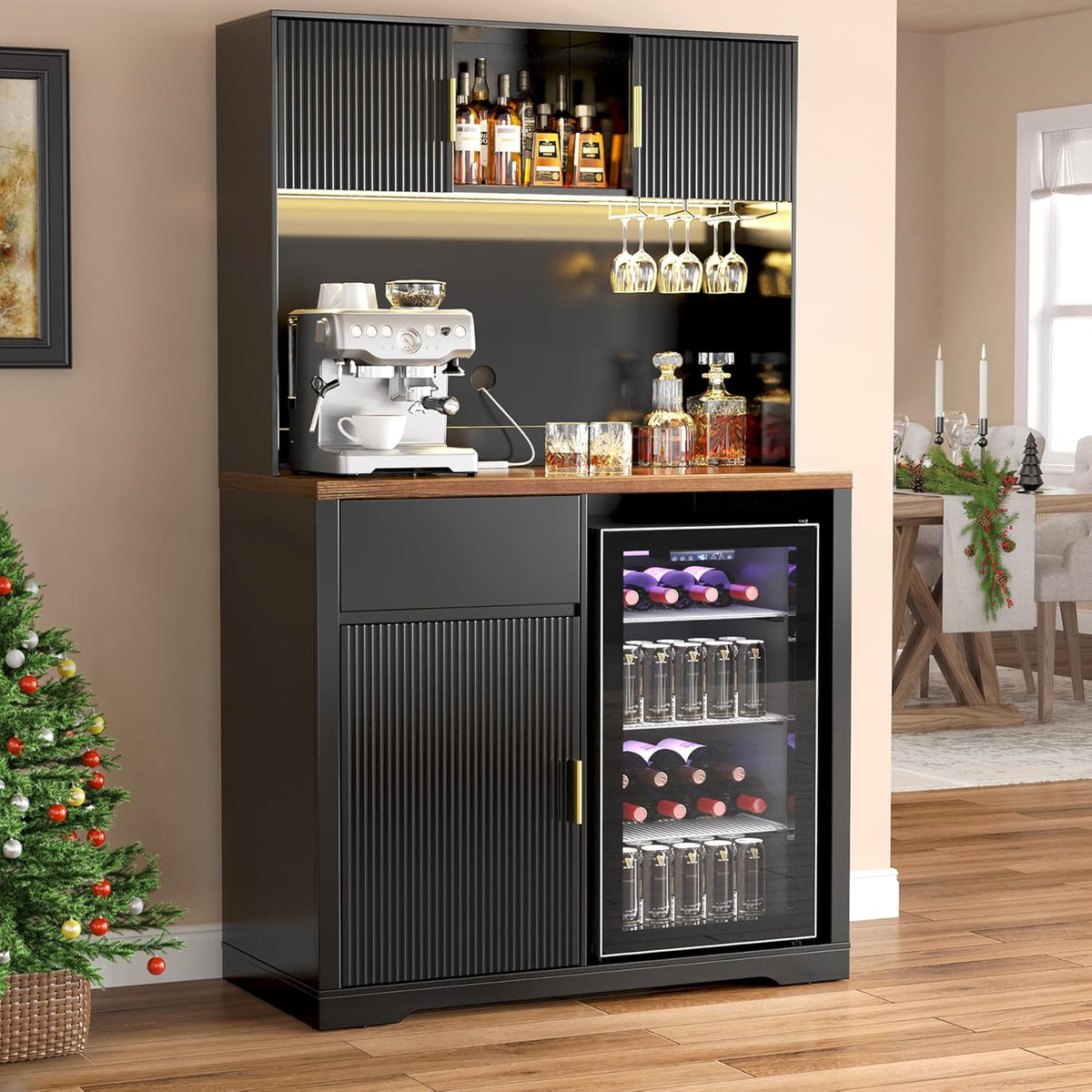 GDLF 72" Tall Coffee Bar Cabinet with Fridge Space, Fluted Liquor Home Bar