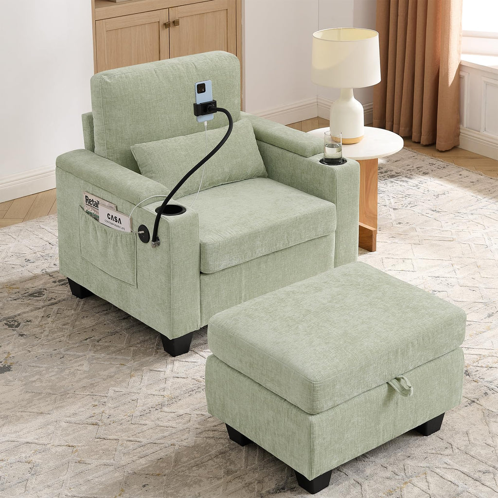Oversized Chaise Lounge Chair Indoor, Single Convertible Recliner Reading Arm Sofa Chair W/Adjustable Backrest & Charging Port Couch Bed for Living Room, Home Theater & Bedroom, Brown