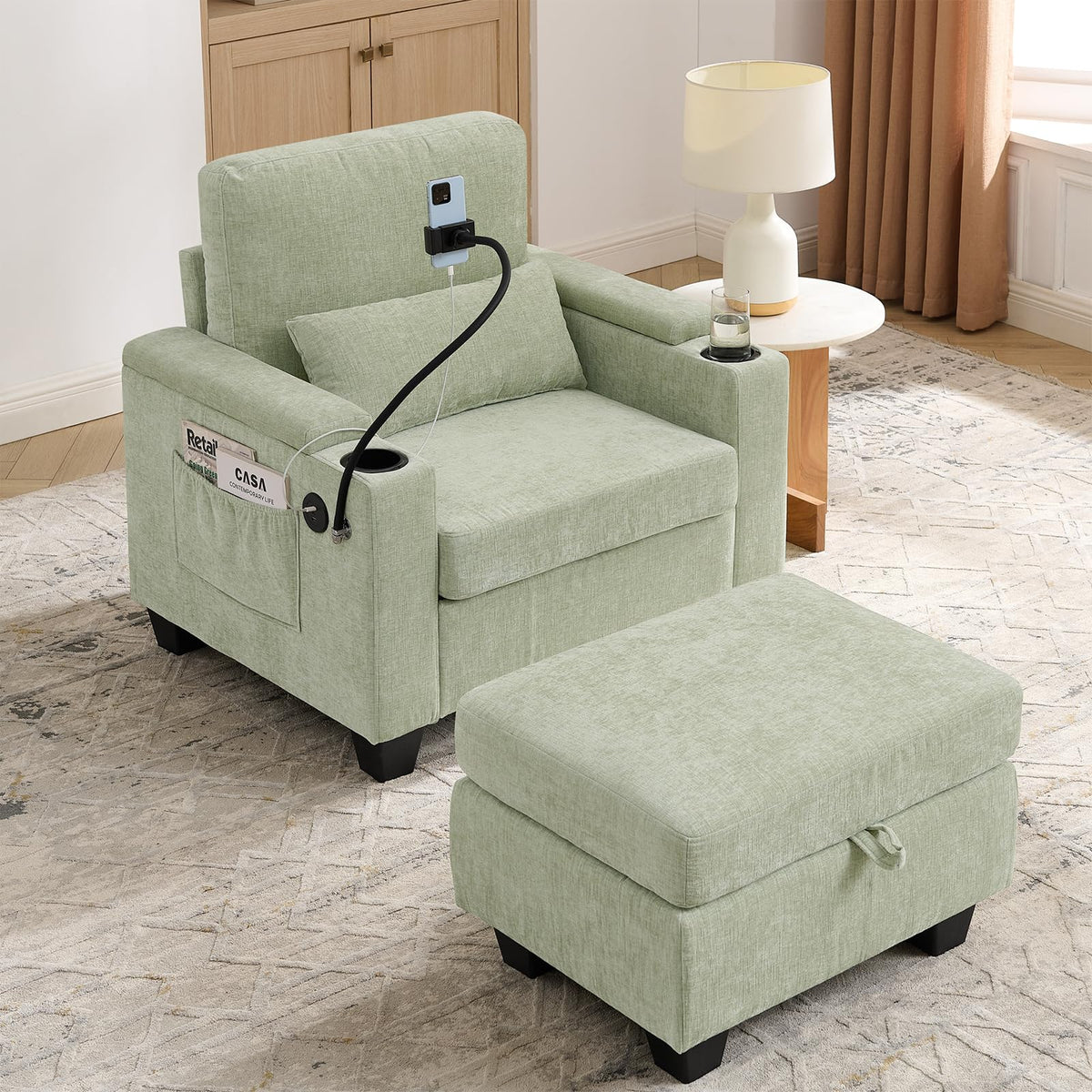 Oversized Chaise Lounge Chair Indoor, Single Convertible Recliner Reading Arm Sofa Chair W/Adjustable Backrest & Charging Port Couch Bed for Living Room, Home Theater & Bedroom, Brown