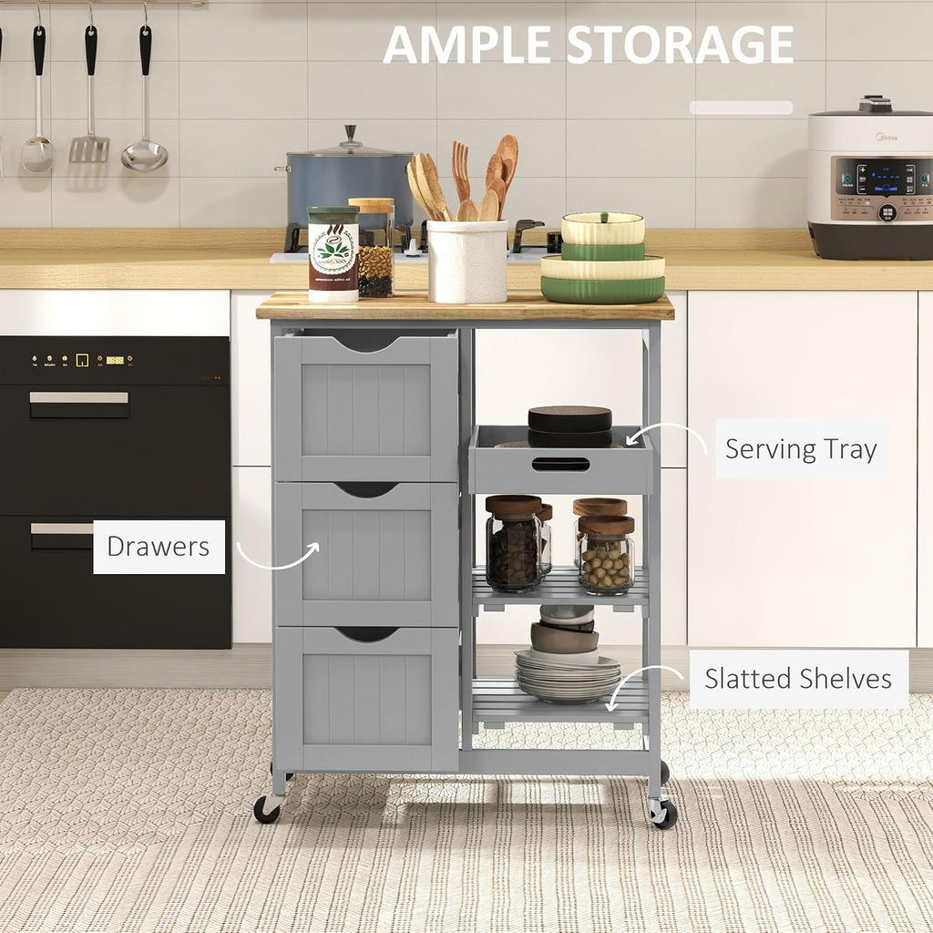 HOMCOM Rolling Kitchen Island Cart with Wood Top, Shelves & Drawers, Gray