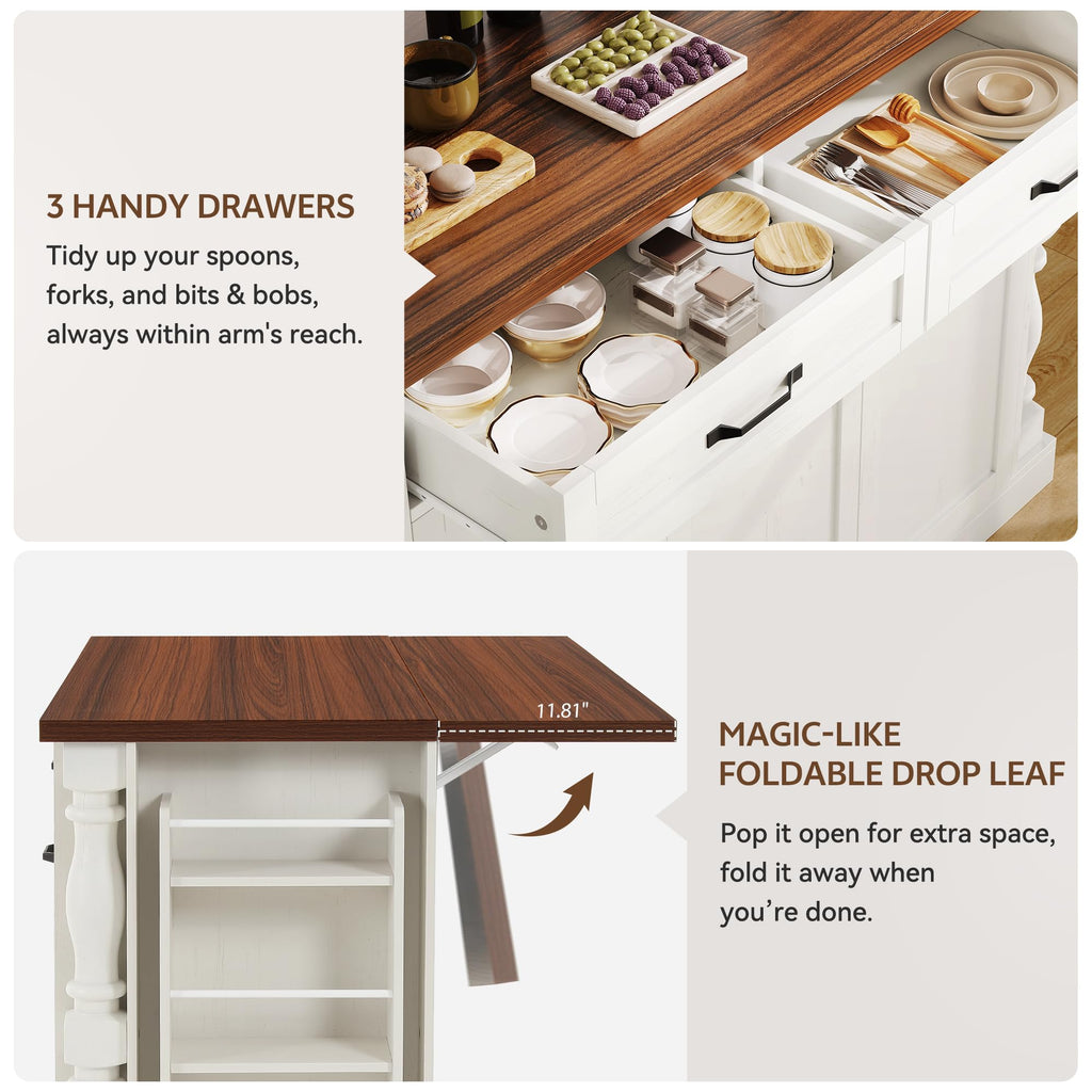 Island Table for Kitchen,48" Rolling Kitchen Island with Drop Leaf