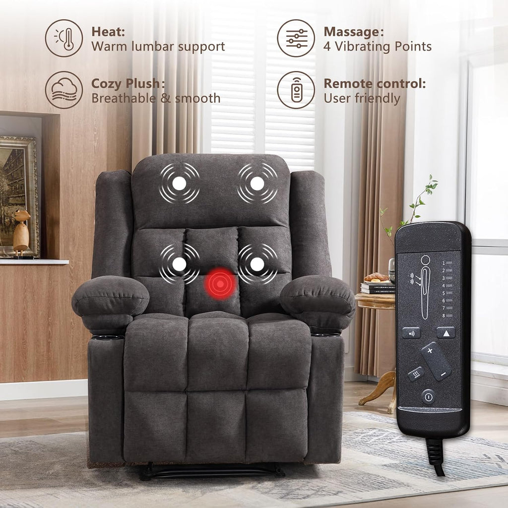 EBELLO Manual Recliner Chair for Adults with Vibration Massage and Lumbar Heating, Soft Fabric Recliner Single Sofa with Side Pocket and Two Cup Holders for Living Room, Grey
