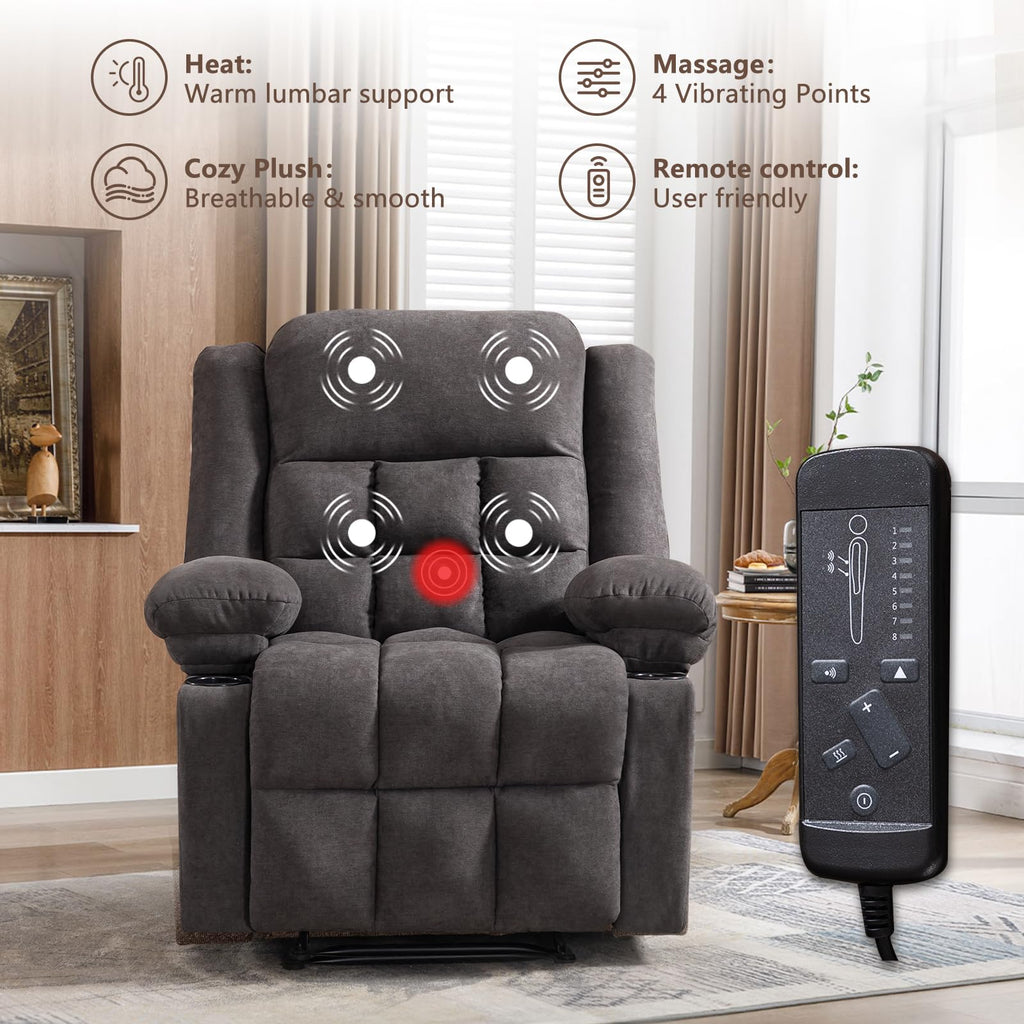 EBELLO Manual Recliner Chair for Adults with Vibration Massage and Lumbar Heating, Soft Fabric Recliner Single Sofa with Side Pocket and Two Cup Holders for Living Room, Grey