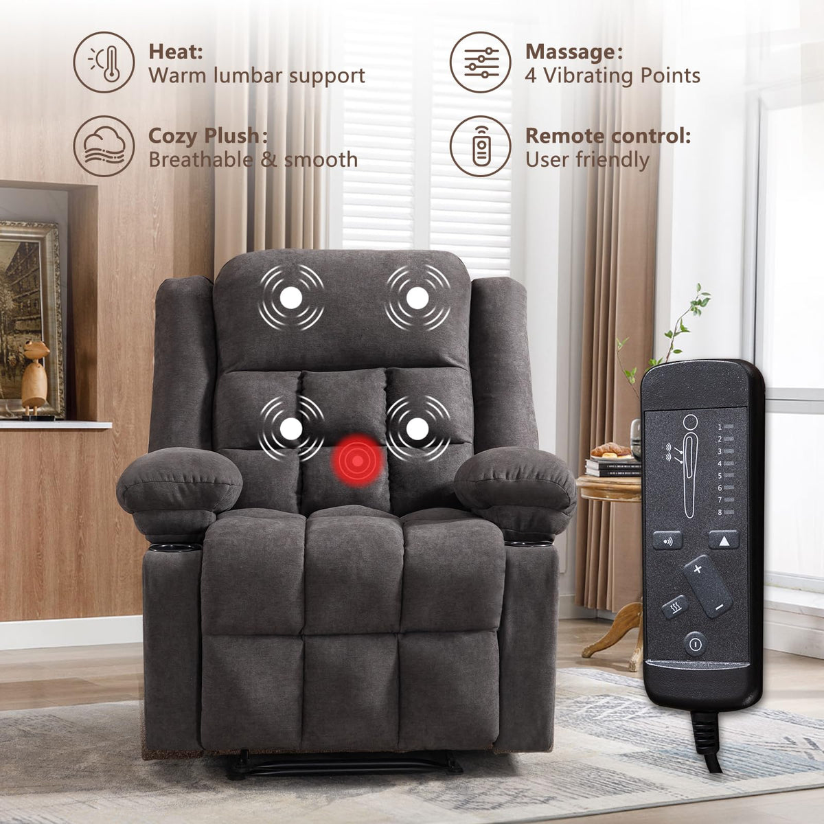 EBELLO Manual Recliner Chair for Adults with Vibration Massage and Lumbar Heating, Soft Fabric Recliner Single Sofa with Side Pocket and Two Cup Holders for Living Room, Grey