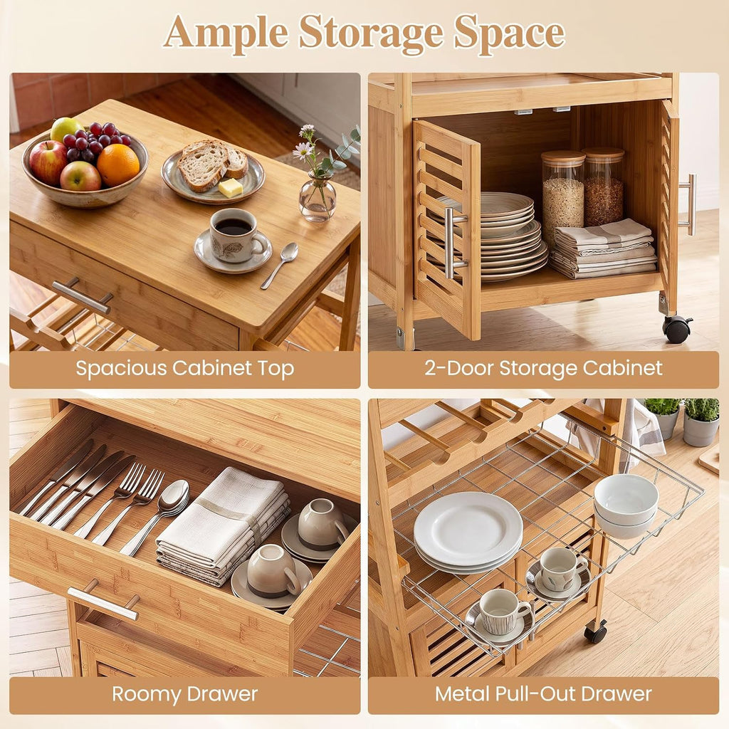 GIANTEX 27" Bamboo Kitchen Island Cart with Storage, Drawer, Wine Rack