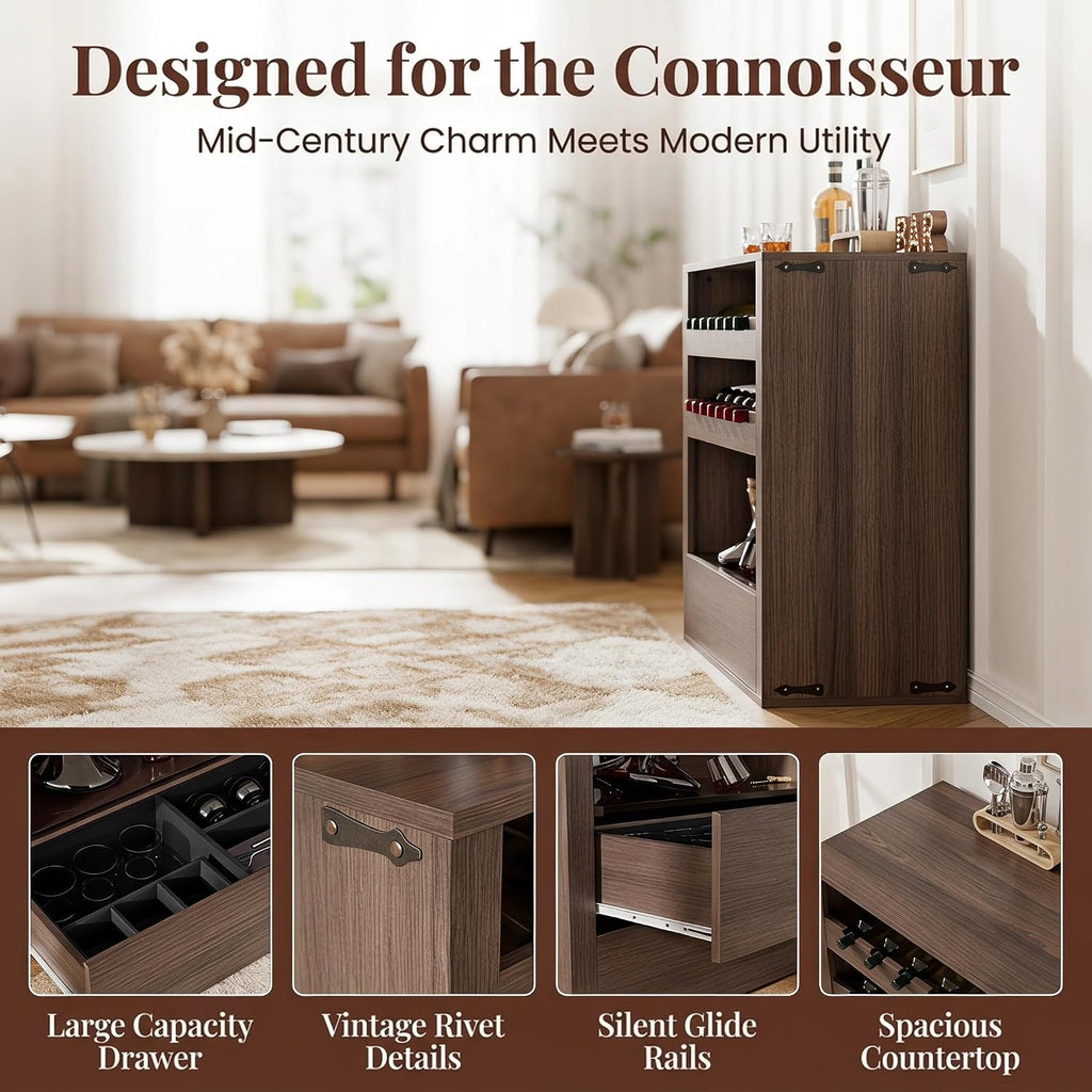 Liquor Cabinet with Wine Rack & Stemmed Holder & Drawer, Walnut