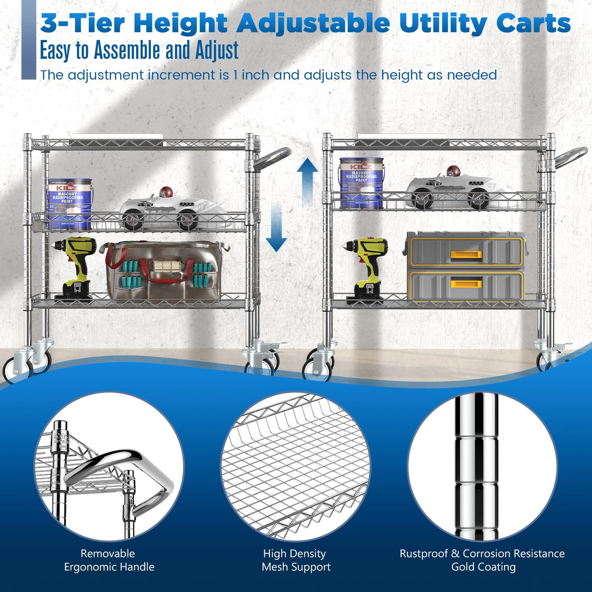Leteuke 3 Tier Rolling Carts with Wheels, Heavy Duty Rolling Utility Cart