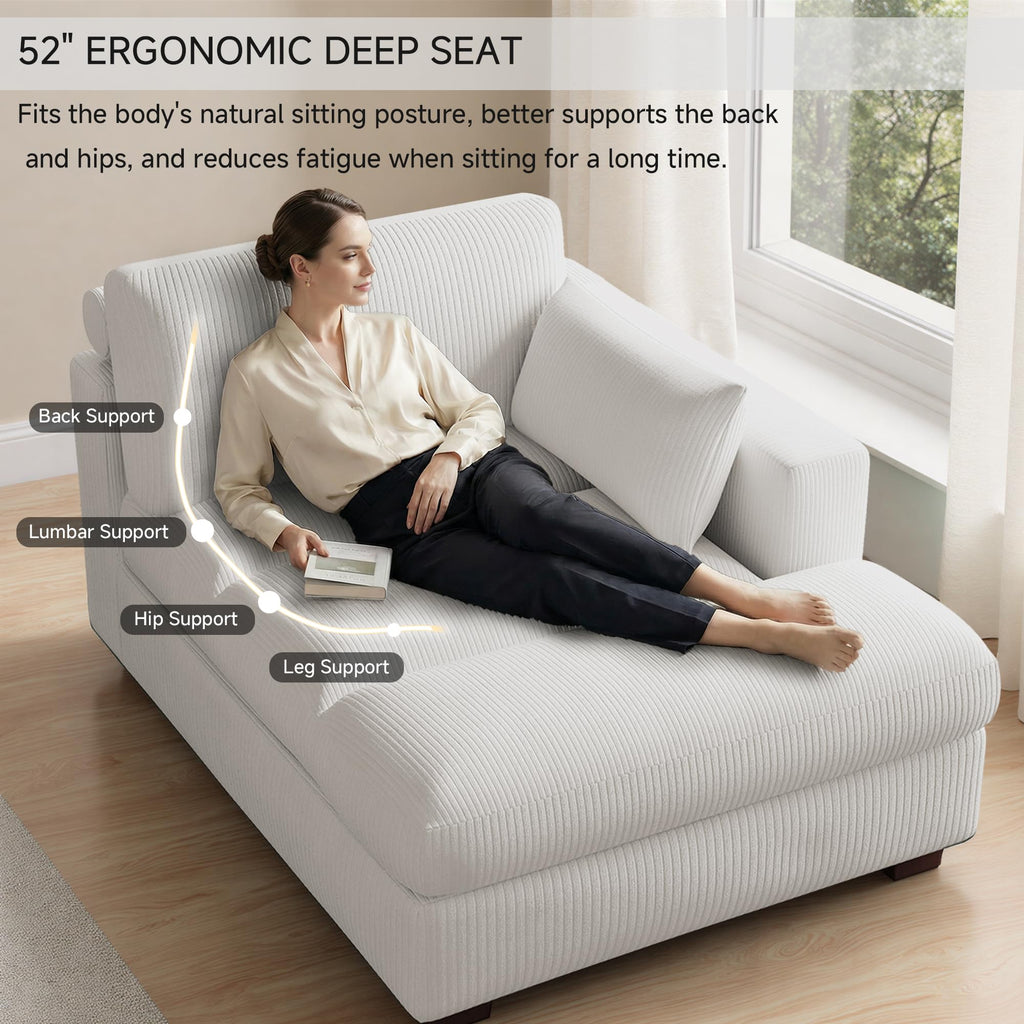 Oversized Corduroy Chaise Lounge Chair with Right Armrest & Cushion, Comfy Upholstered Sleeper Sofa Indoor Recliner Seat Solid Wood Couch w/Washable Cover for Bedroom, Living Room - Orange