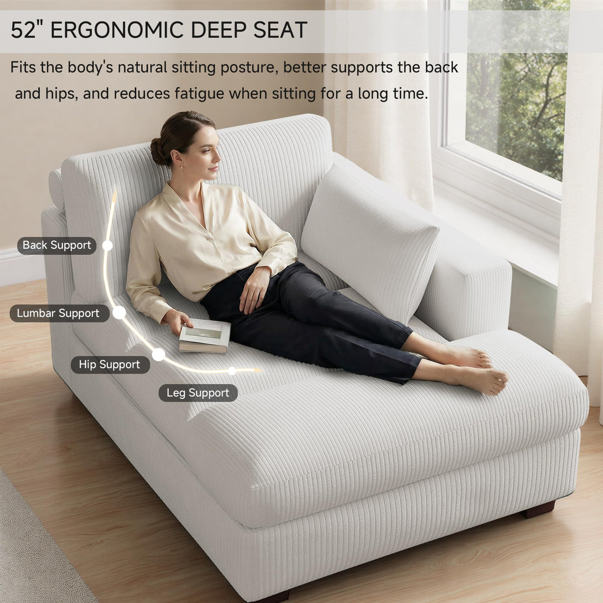 Oversized Corduroy Chaise Lounge Chair with Right Armrest & Cushion, Comfy Upholstered Sleeper Sofa Indoor Recliner Seat Solid Wood Couch w/Washable Cover for Bedroom, Living Room - Orange