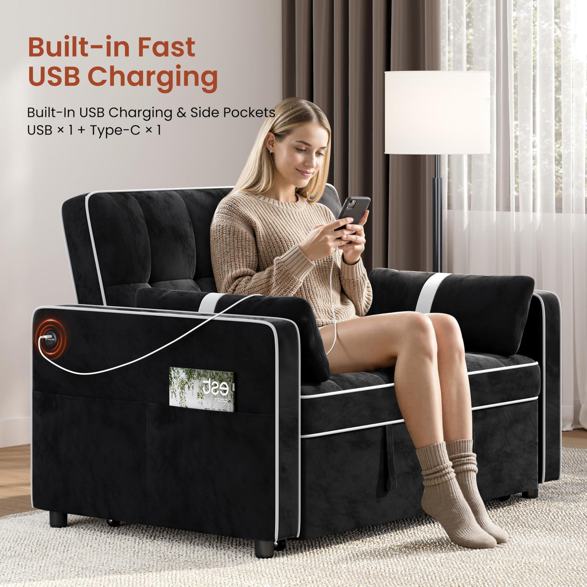 Yaheetech 3 in 1 Sofa Bed Convertible Sleeper Sofa with USB Ports, Beige