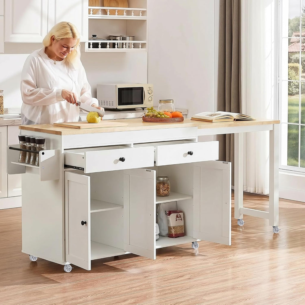 Merax 74.5" Kitchen Island with Extendable Dining Table, Rolling Kitchen Storage Cart on Wheels with Spice Rack & 2 Drawers & 4 Door Cabinet for Dining Room, White