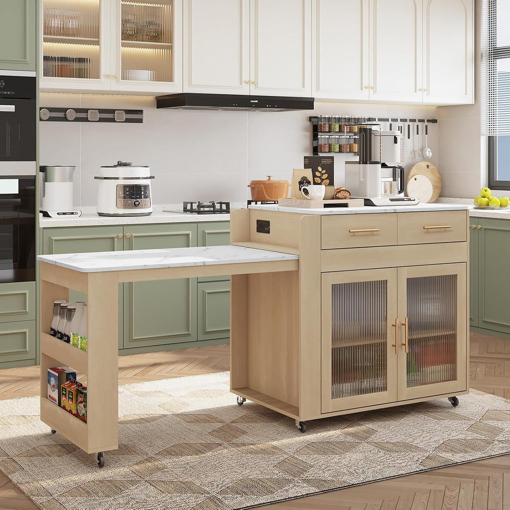 HLR 72" Extendable Rolling Kitchen Island with Storage, Island Table on Wheels with Marble Grain Countertop & Power Outlet, Portable Island Cart with Cabinets, Drawers and Shelves, Wood