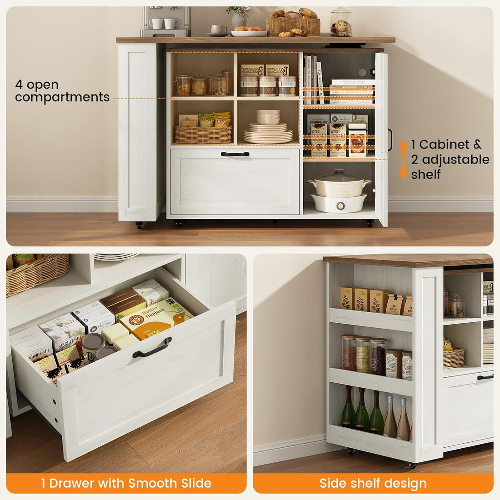 72" Rolling Kitchen Island with 360Â° Swivel Tabletop & Power Outlet,Mobile Kitchen Islands on Wheels with Storage,Farmhouse Wood Island Cart with Spice Rack,Rustic White