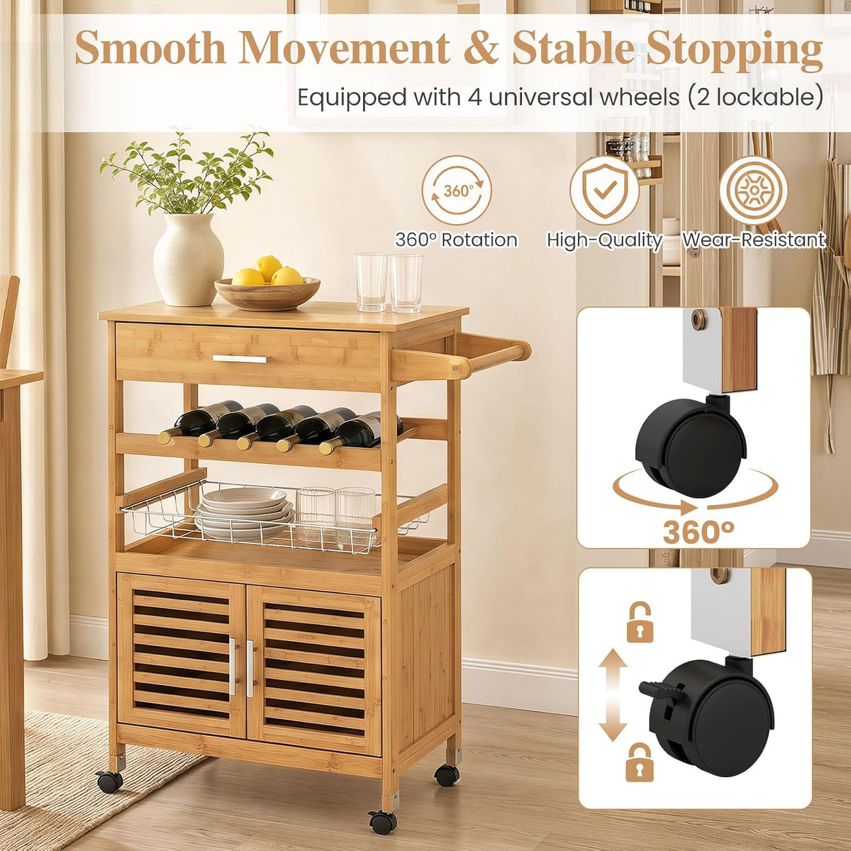 GIANTEX 27" Bamboo Kitchen Island Cart with Storage, Drawer, Wine Rack