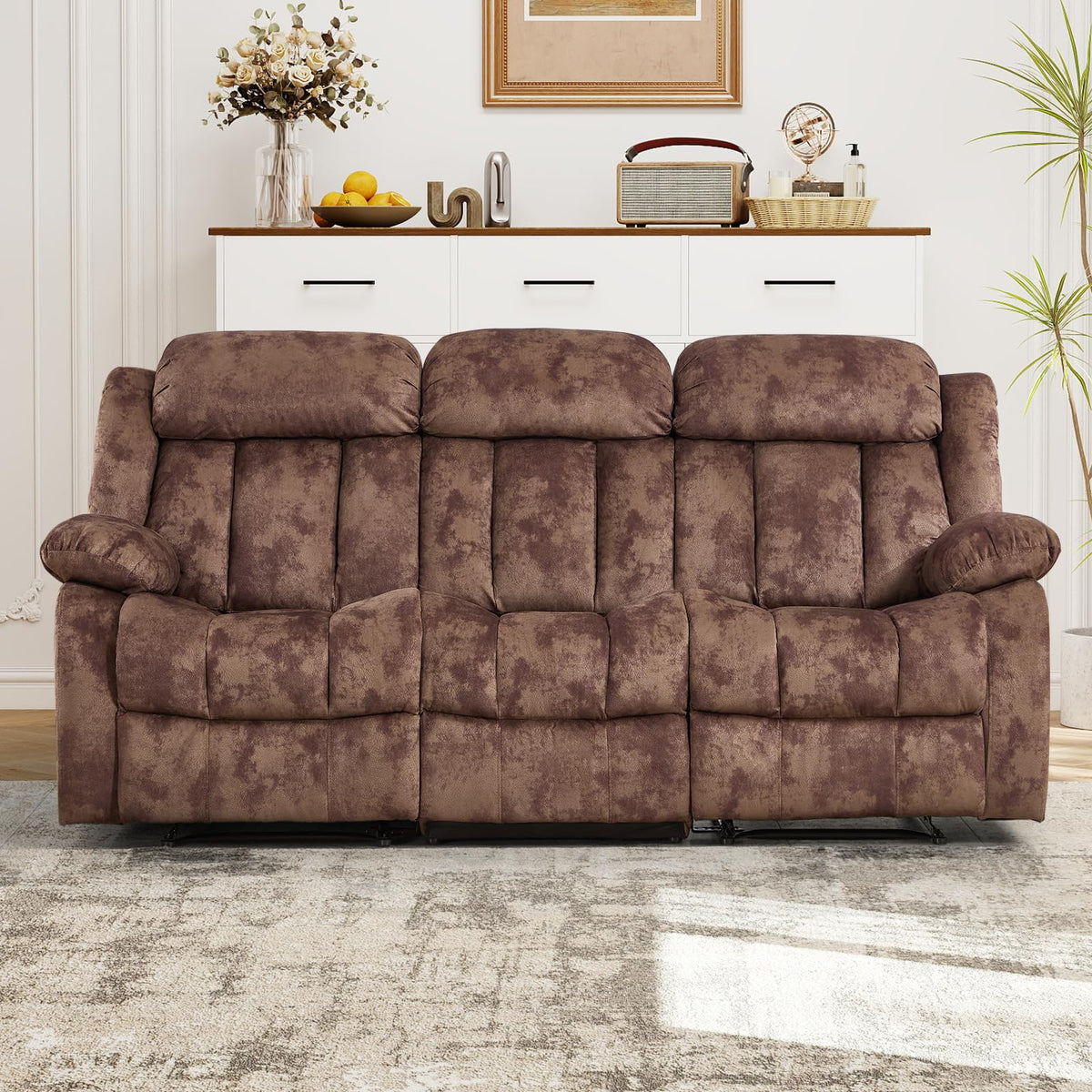 INZOY Manual Recliner Chair with Padded Armrest, Wall-Hugger Single Sofa Recliners with Overstuffed Back, Classical Fabric Reclining Chairs for Living Room Theater Seating, Brown
