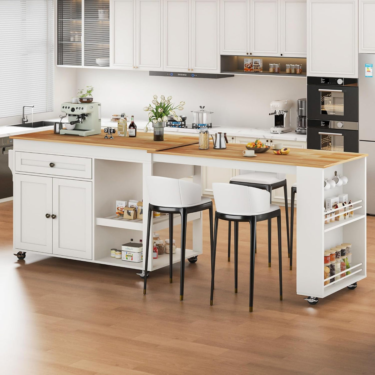 81.5" Kitchen Island with Extendable Dining Table, Rolling Kitchen Cart on Wheels with Spice Rack, Drawer and Door Cabinet for Dining Room, White