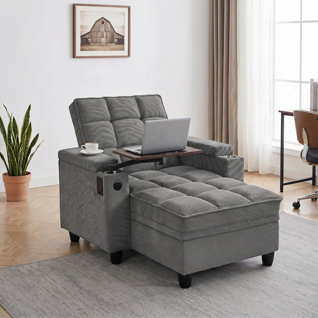 Convertible Sleeper Chair, Pull Out Sofa Bed with Adjustable Backrest & Hidden Storage Armrest, Single Sofa Recliner with USB Charging Port & Cup Holders for Living Room, Bedroom, Dark Gray