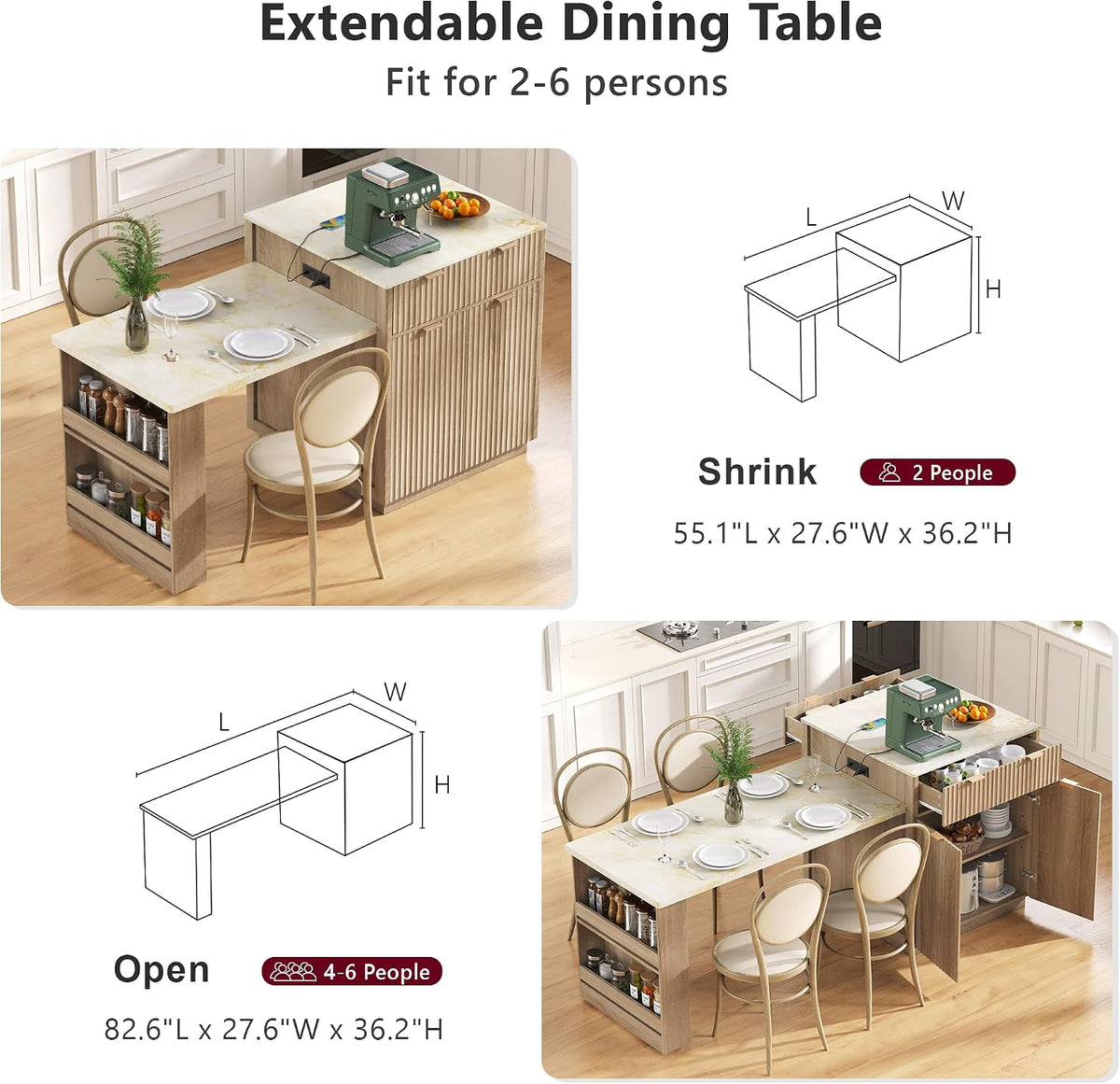 83" Extendable Kitchen Island with Drop Leaf Dining Table, Natural