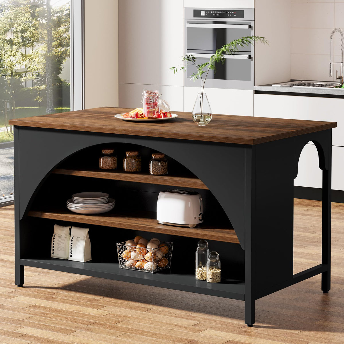 Tribesigns Kitchen Island with 3 Storage Shelves, 55" W Kitchen Shelf with Large Countertop and Seating Area, Modern Wooden Coffee Bar Table (White)
